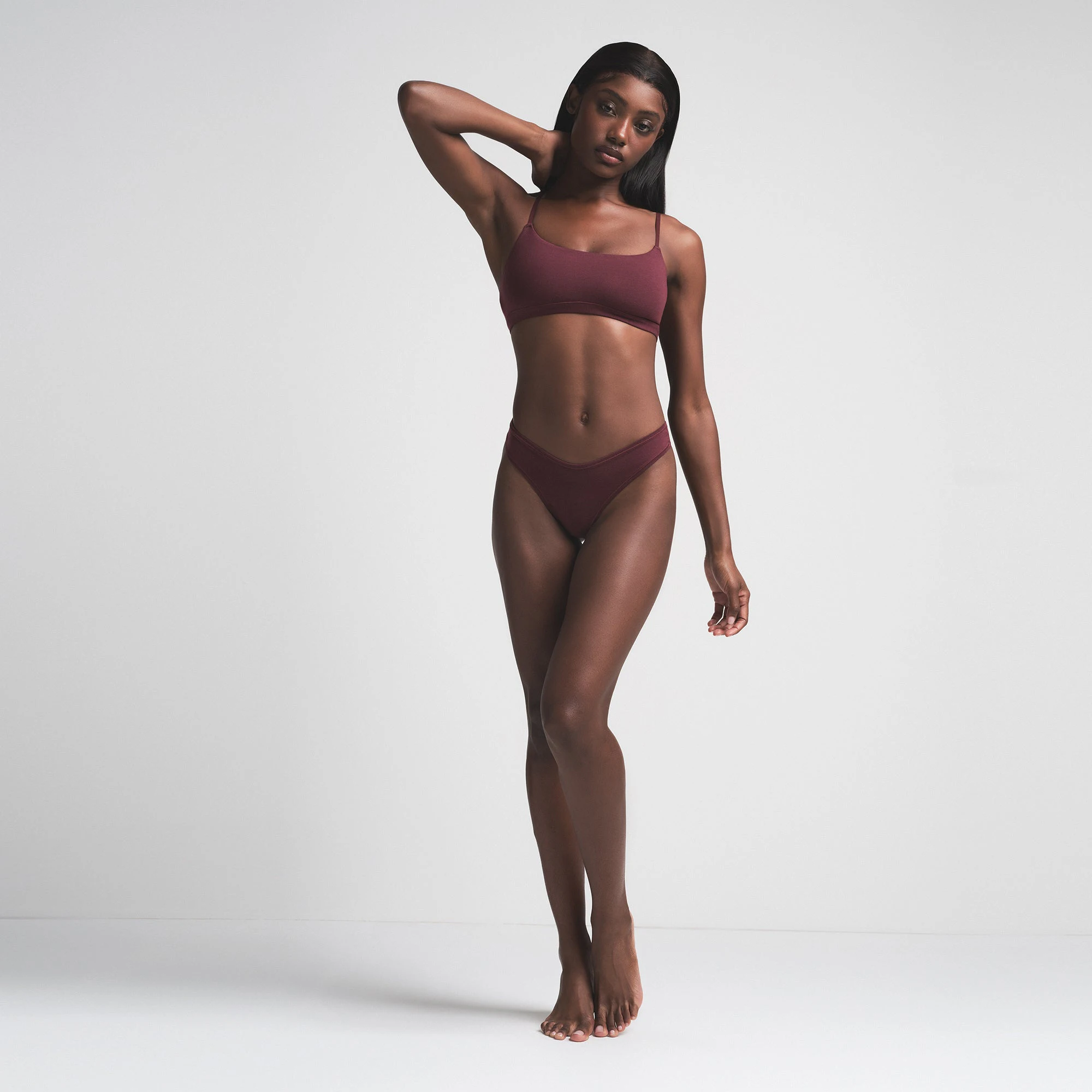 COTTON JERSEY SCOOP BRALETTE 2-PACK | CRANBERRY AND WINE ON A MODEL FRONT VIEW