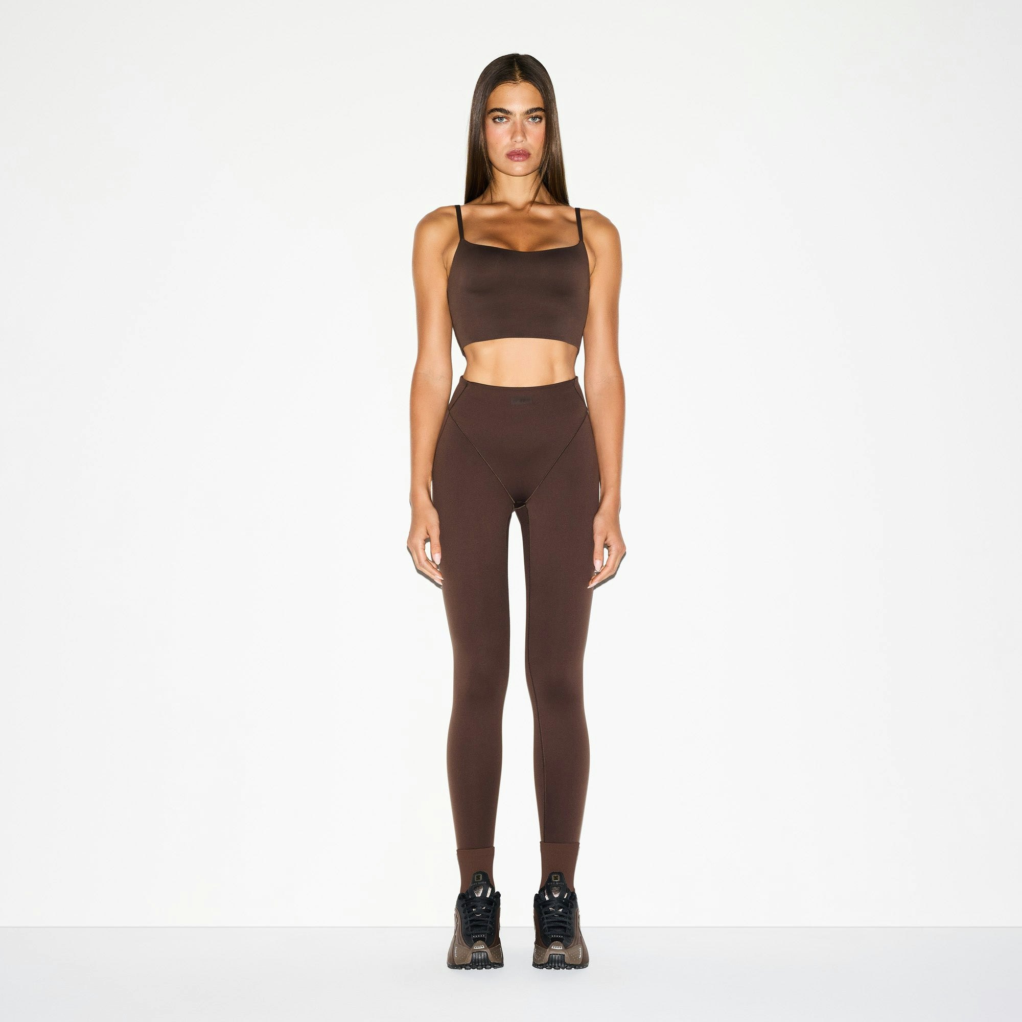 NikeSKIMS MATTE CAMI BRA TOP | DARK SEPIA ON A MODEL FRONT VIEW @ | FOCUS: 0.0, 1.0, 0.9