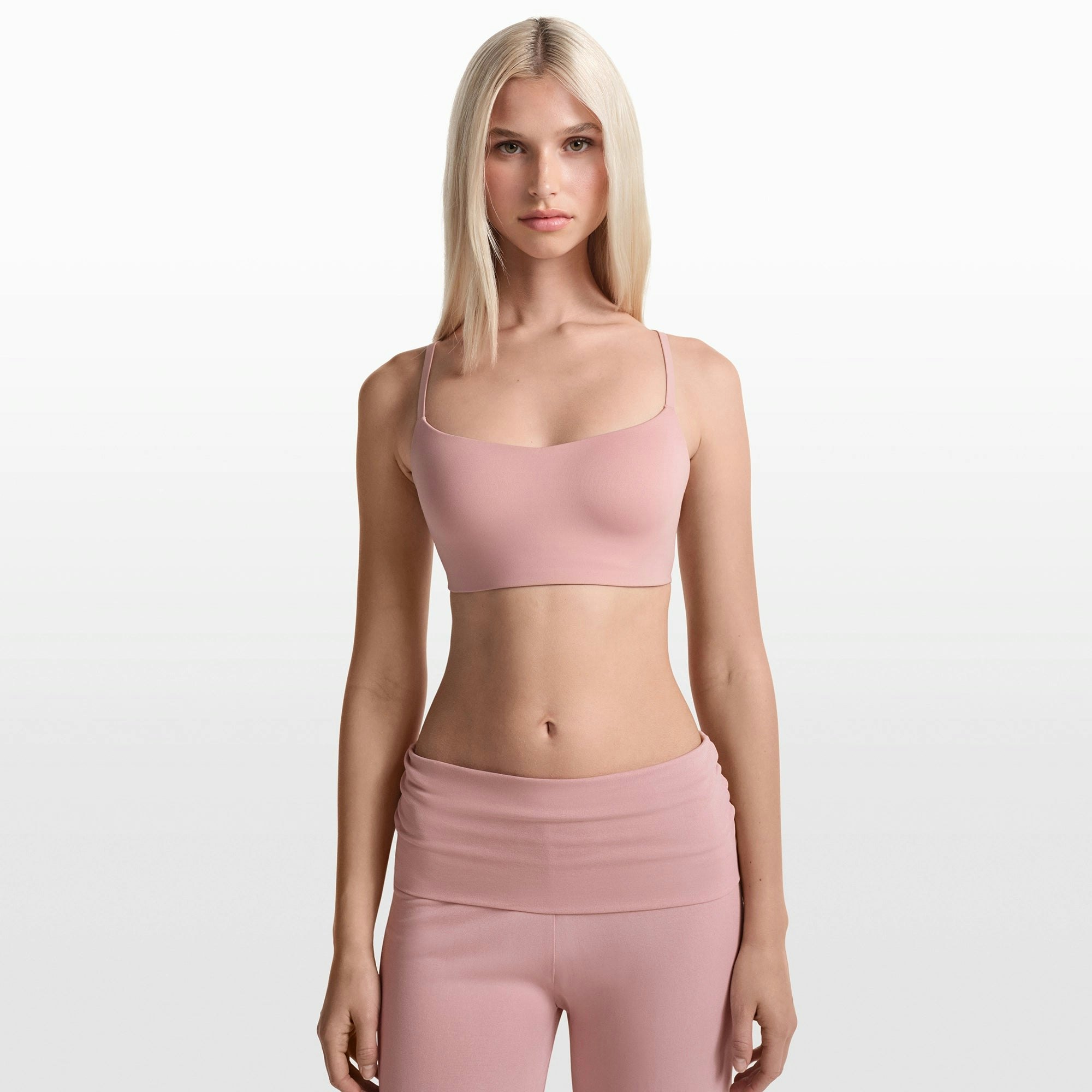 NikeSKIMS MATTE CONTOUR CAMI BRA | HIMALAYAN ON A MODEL FRONT VIEW @ | FOCUS: 0.0, 1.0, 0.9
