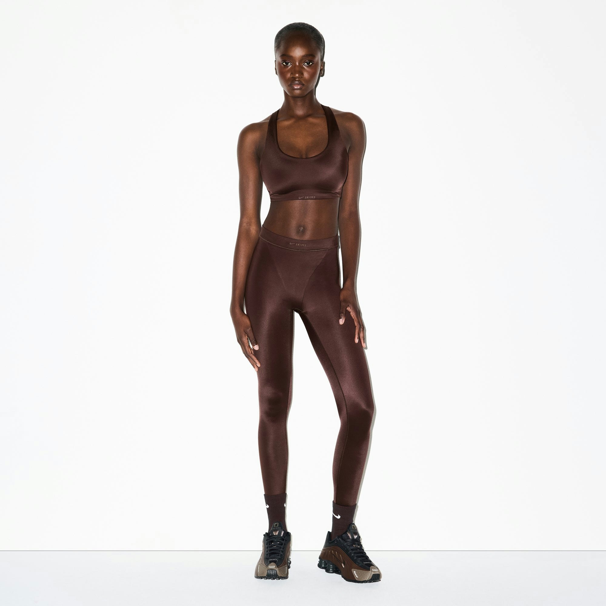 NikeSKIMS SHINE RACER BACK BRA | PHOENIX ON A MODEL FRONT VIEW @ | FOCUS: 0.0, 1.0, 0.9