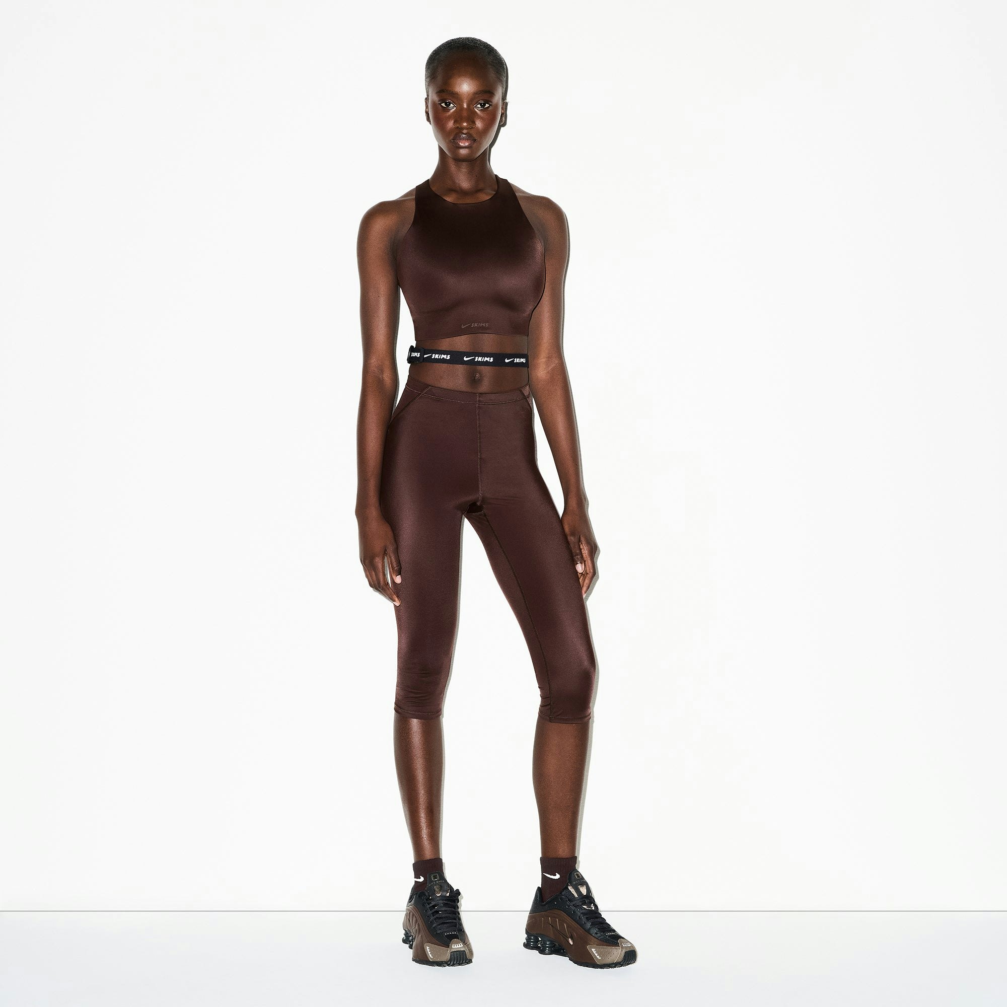 NikeSKIMS SHINE HIGH NECK BRA | PHOENIX ON A MODEL FRONT VIEW @ | FOCUS: 0.0, 1.0, 0.9