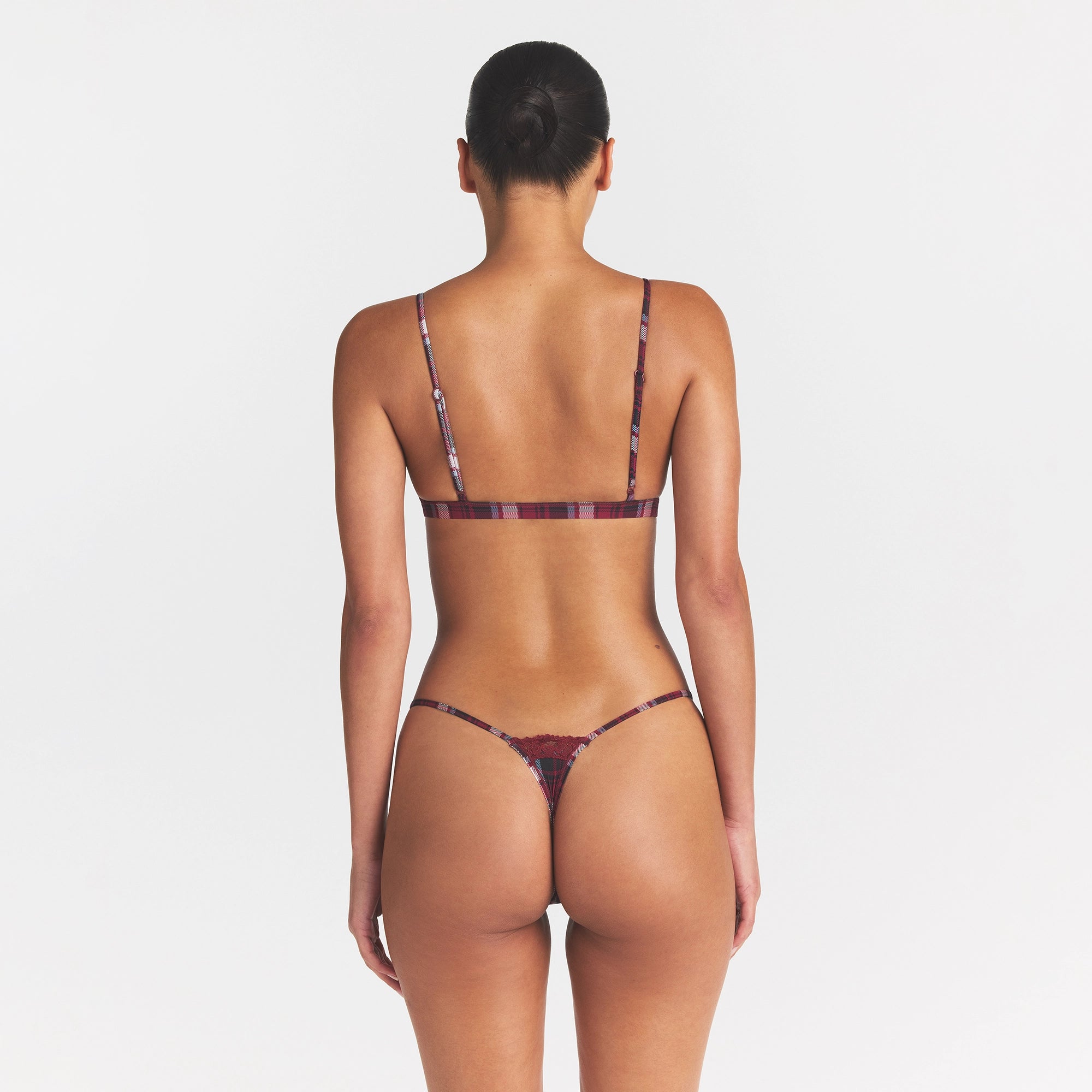 FITS EVERYBODY LACE TRIANGLE BRALETTE | DARK CARDINAL QUARTZ PLAID ON A MODEL BACK VIEW @ | FOCUS: 0.0, 1.0, 0.9
