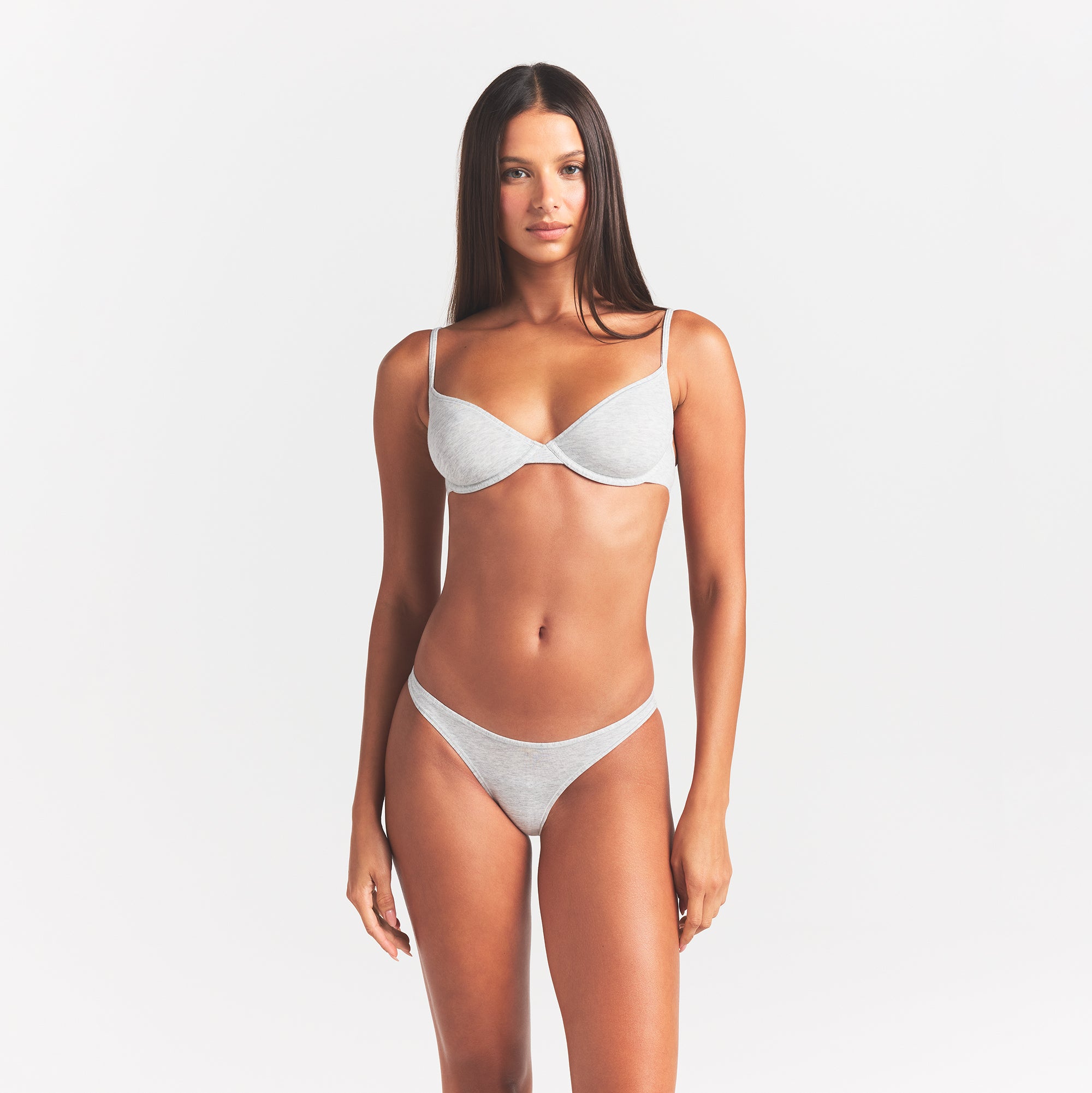 EVERYDAY COTTON UNLINED DEMI BRA | LIGHT HEATHER GREY ON A MODEL FRONT VIEW @ | FOCUS: 0.0, 1.0, 0.9