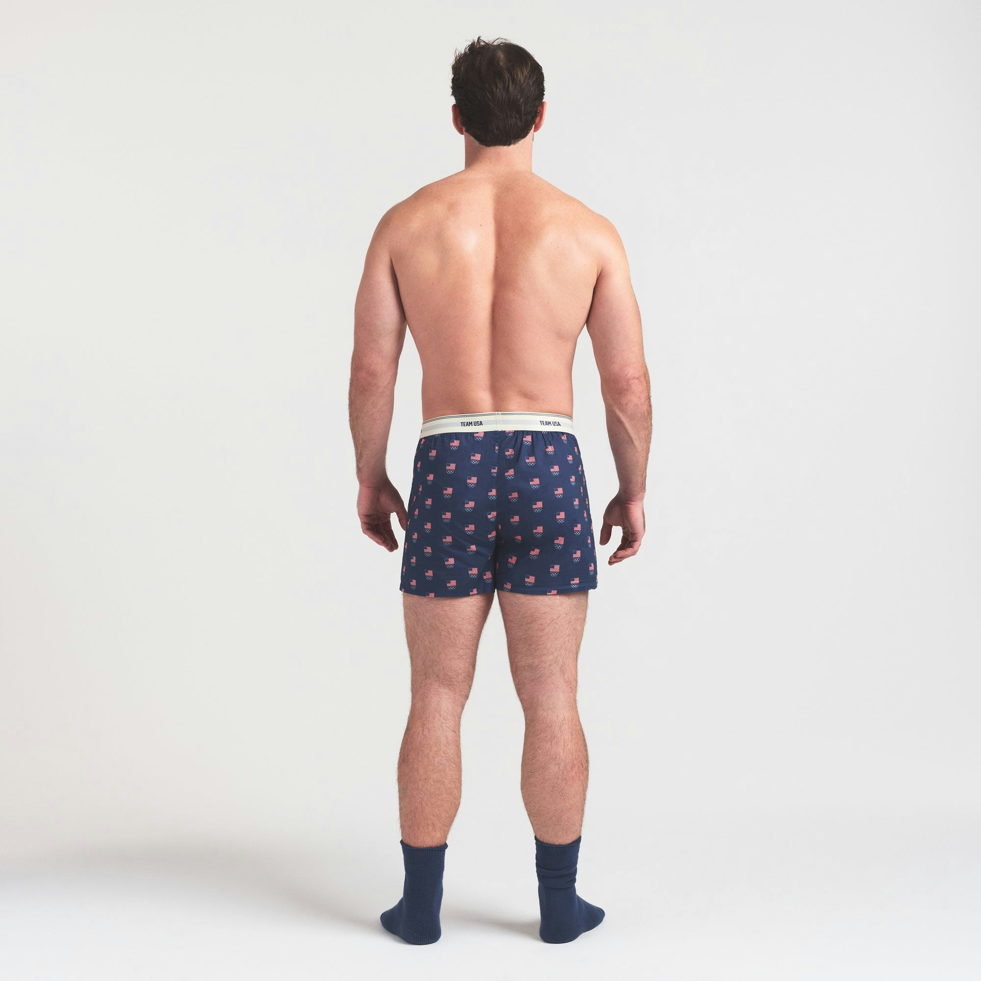 SKIMS FOR TEAM USA COTTON POPLIN MENS OLYMPIC BOXER | NAVY ON A MODEL FRONT VIEW @ | FOCUS: 0.0, 1.0, 0.9