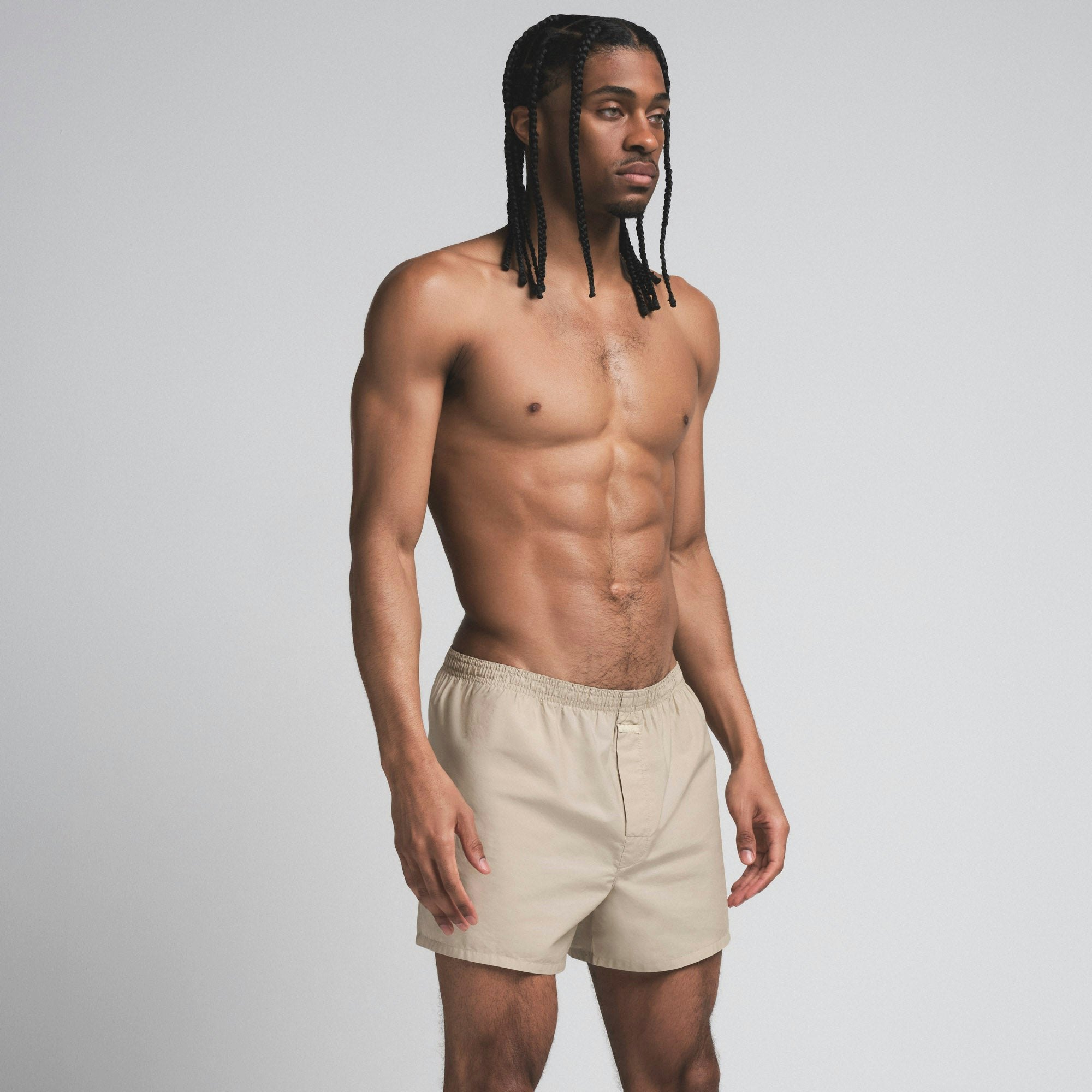 COTTON POPLIN MENS BOXER 3-PACK | STONE SLATE MULTI ON A MODEL SIDE ON A MODEL FRONT VIEW | FOCUS: 0.0, 1.0, 0.9