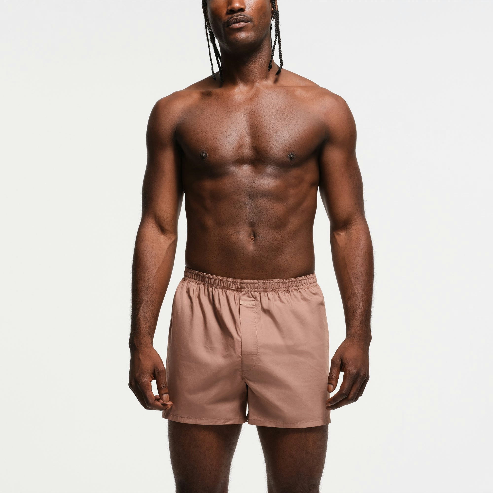 COTTON POPLIN SLEEP MENS BOXER 3-PACK | UMBER MULTI ON A MODEL FRONT VIEW