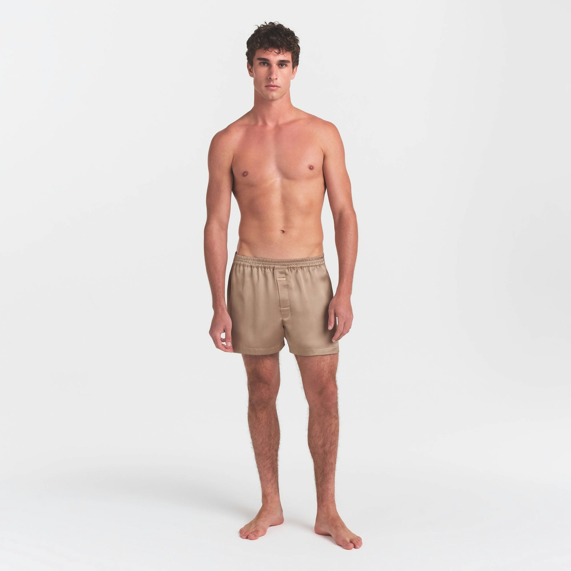 SATEEN SLEEP MENS 3" BOXER SHORT | LATTE ON A MODEL FRONT VIEW @ | FOCUS: 0.0, 1.0, 0.9