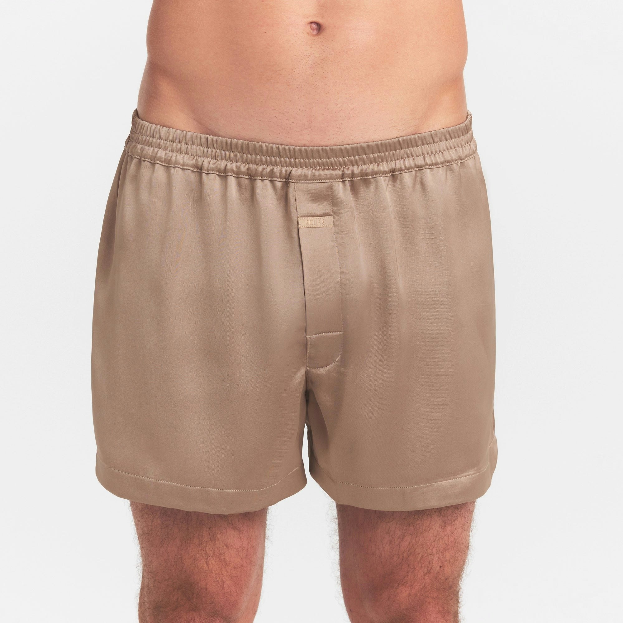 SATEEN SLEEP MENS 3" BOXER SHORT | LATTE ON A MODEL SIDE VIEW @ | FOCUS: 0.0, 1.0, 0.9