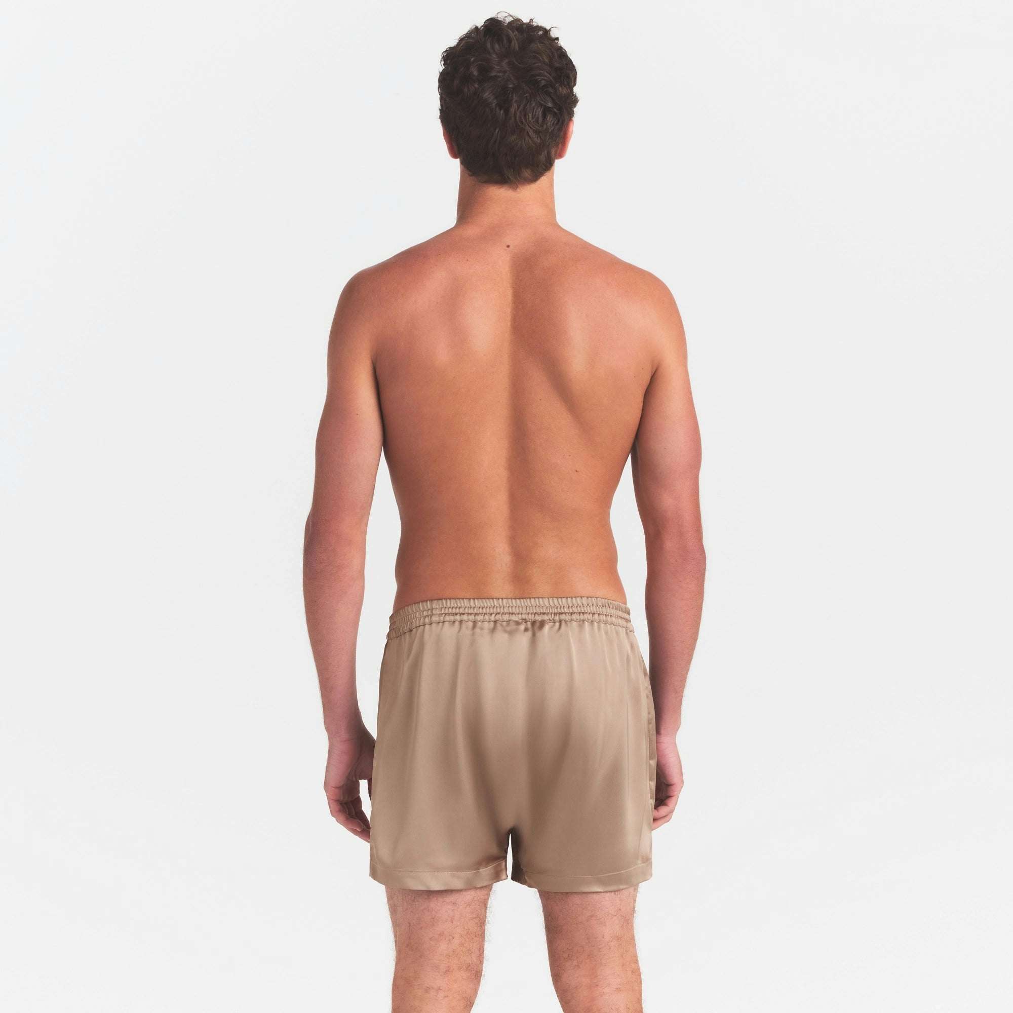SATEEN SLEEP MENS 3" BOXER SHORT | LATTE ON A MODEL SIDE VIEW @ | FOCUS: 0.0, 1.0, 0.9