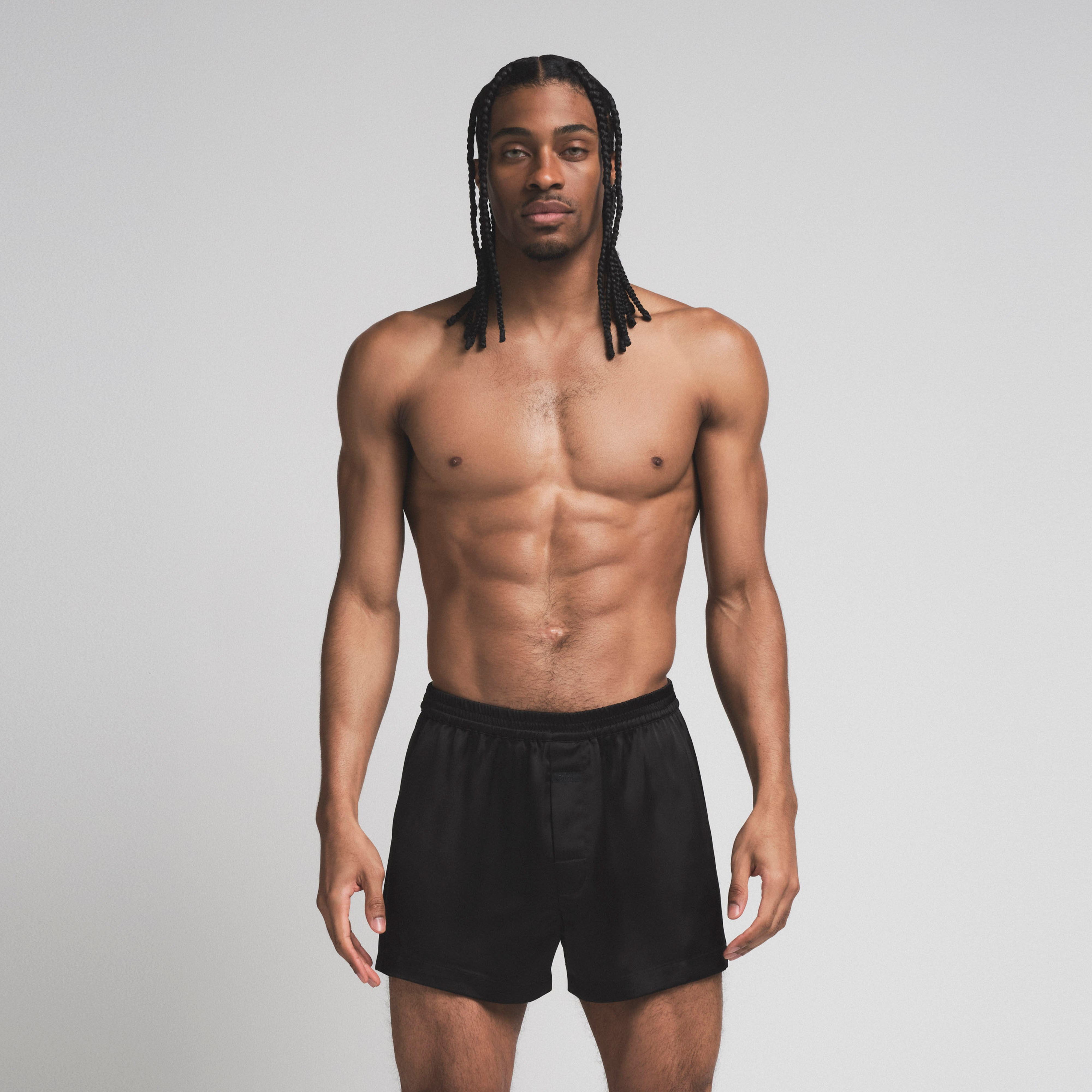 SATEEN SLEEP MENS 3" BOXER SHORT | ONYX ON A MODEL FRONT  ON A MODEL FRONT VIEW | FOCUS: 0.0, 1.0, 0.9