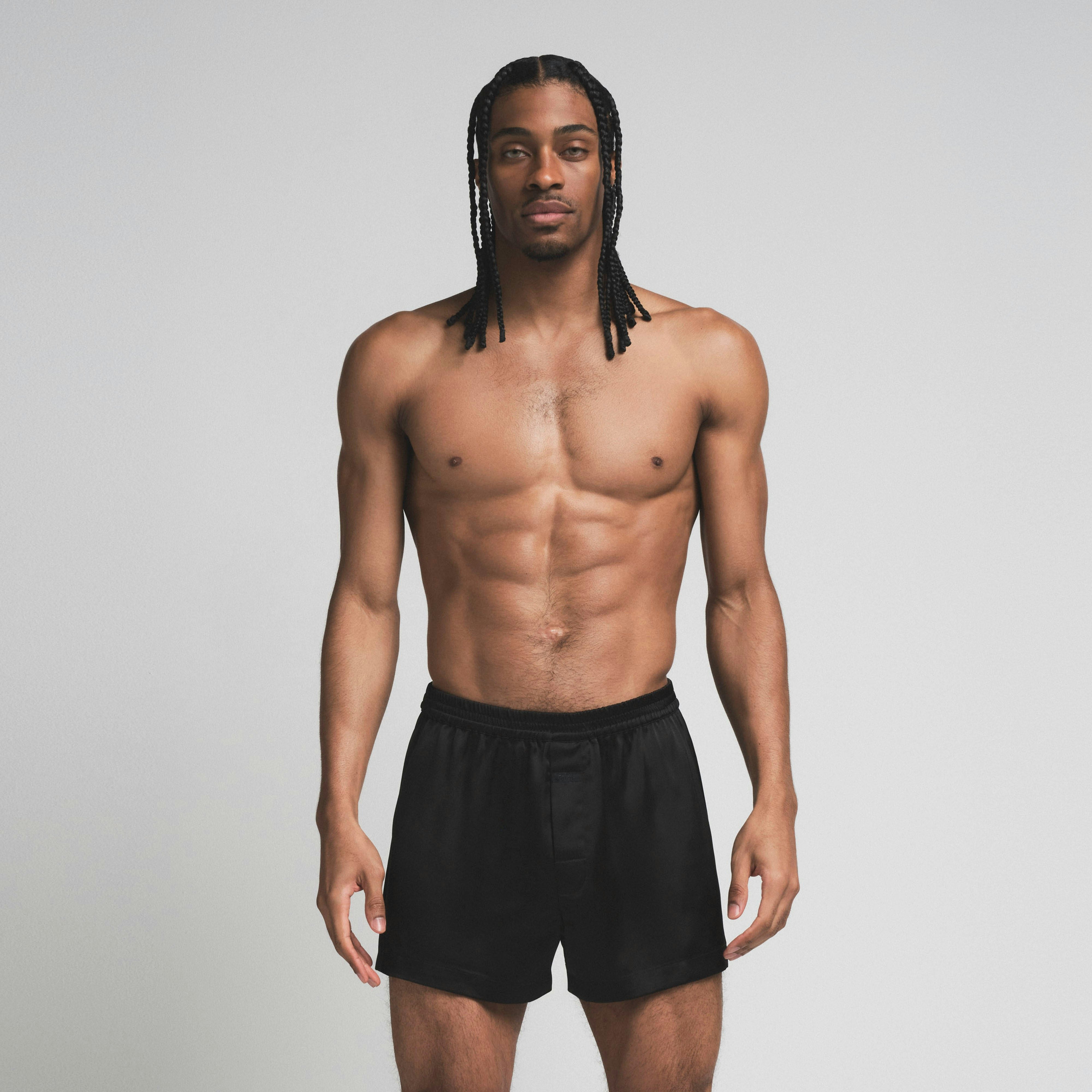 SATEEN SLEEP MENS 3" BOXER SHORT | ONYX ON A MODEL FRONT  ON A MODEL FRONT VIEW | FOCUS: 0.0, 1.0, 0.9