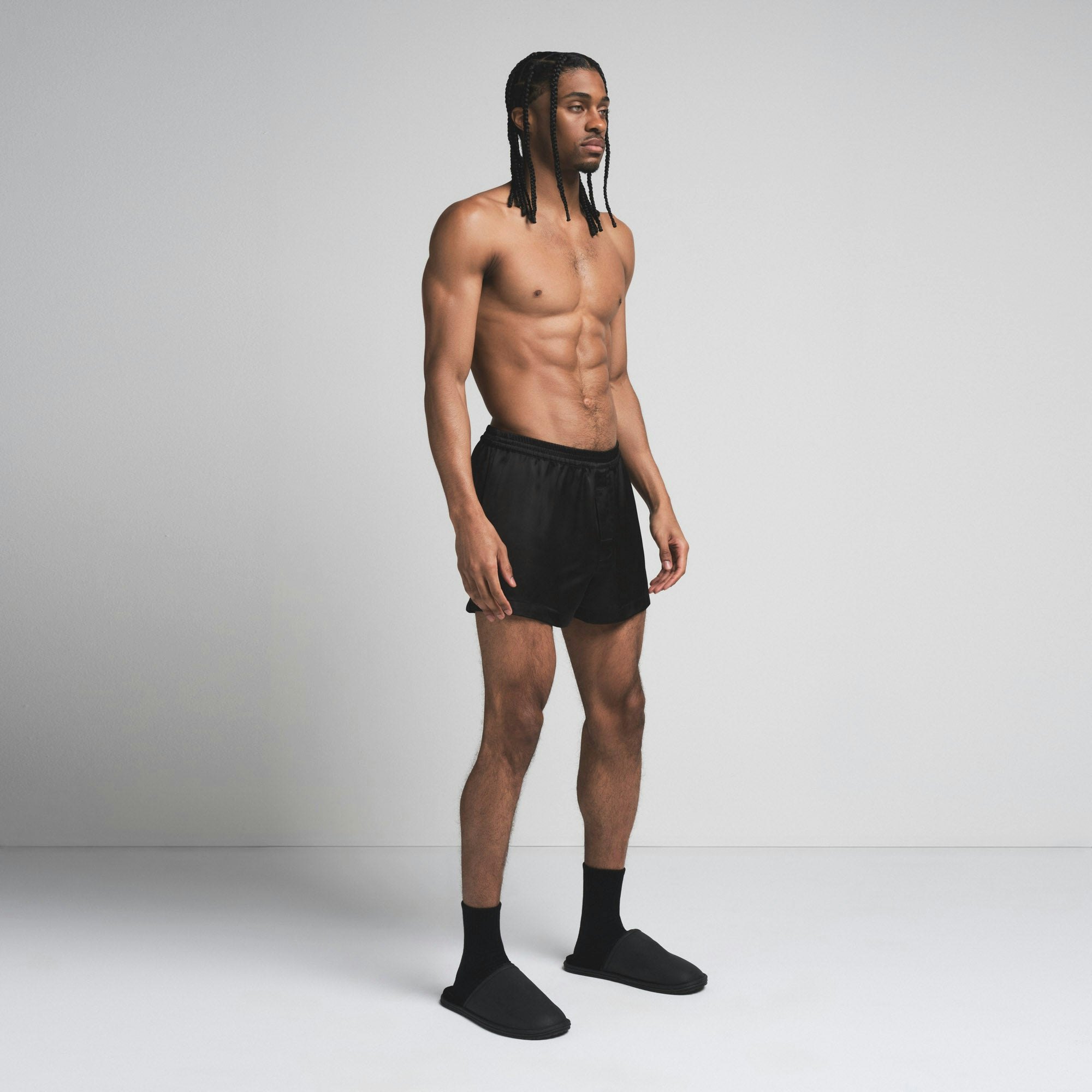 SATEEN SLEEP MENS 3" BOXER SHORT | ONYX ON A MODEL SIDE ON A MODEL FRONT VIEW | FOCUS: 0.0, 1.0, 0.9