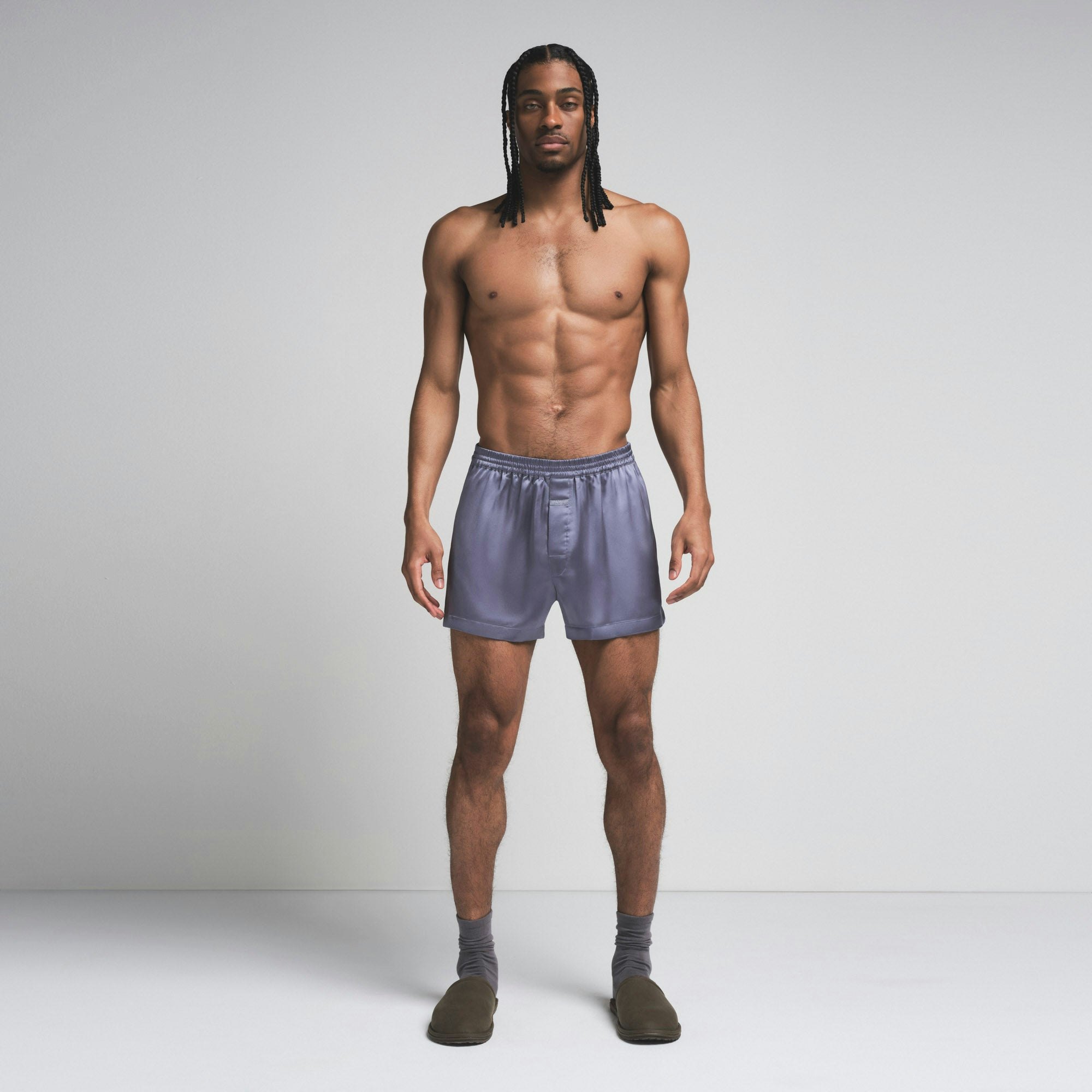 SATEEN SLEEP MENS 3" BOXER SHORT | SLATE ON A MODEL FRONT  ON A MODEL FRONT VIEW | FOCUS: 0.0, 1.0, 0.9