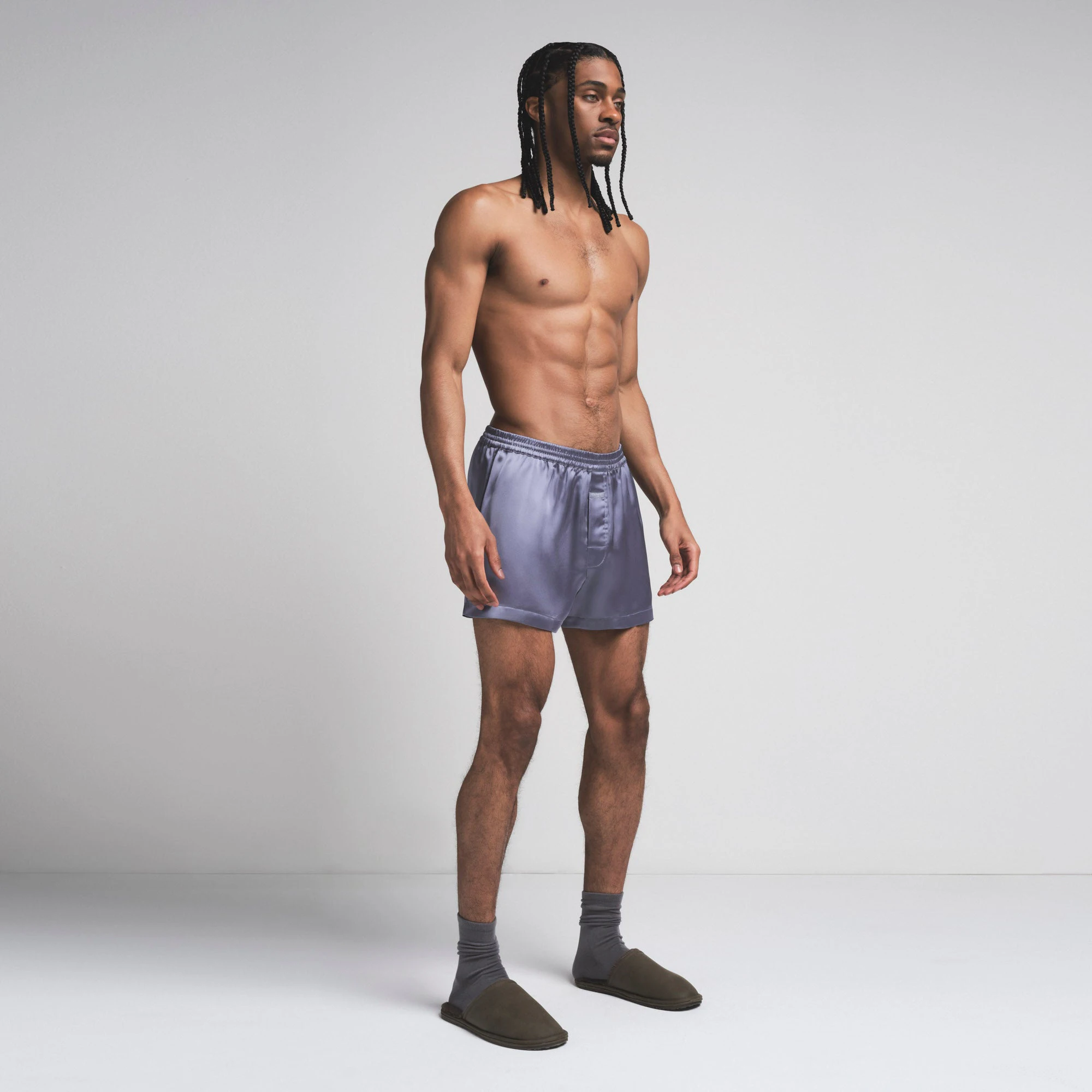 SATEEN SLEEP MENS 3" BOXER SHORT | SLATE ON A MODEL SIDE  ON A MODEL FRONT VIEW | FOCUS: 0.0, 1.0, 0.9