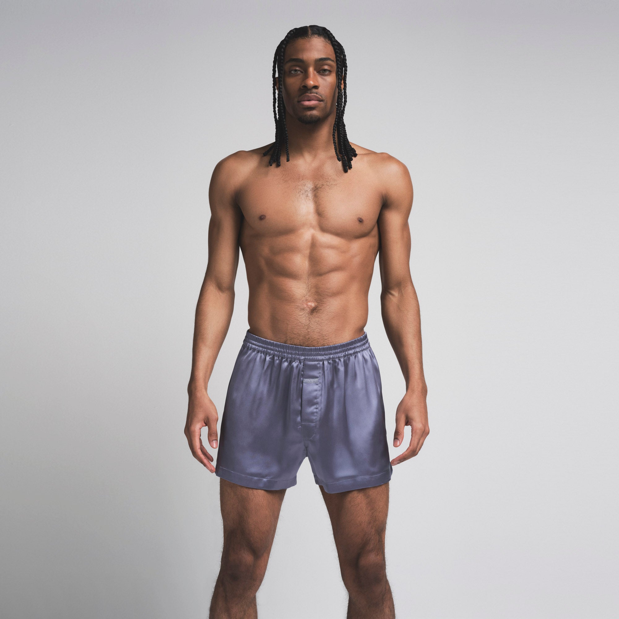 SATEEN SLEEP MENS 3" BOXER SHORT | SLATE ON A MODEL SIDE  ON A MODEL FRONT VIEW | FOCUS: 0.0, 1.0, 0.9