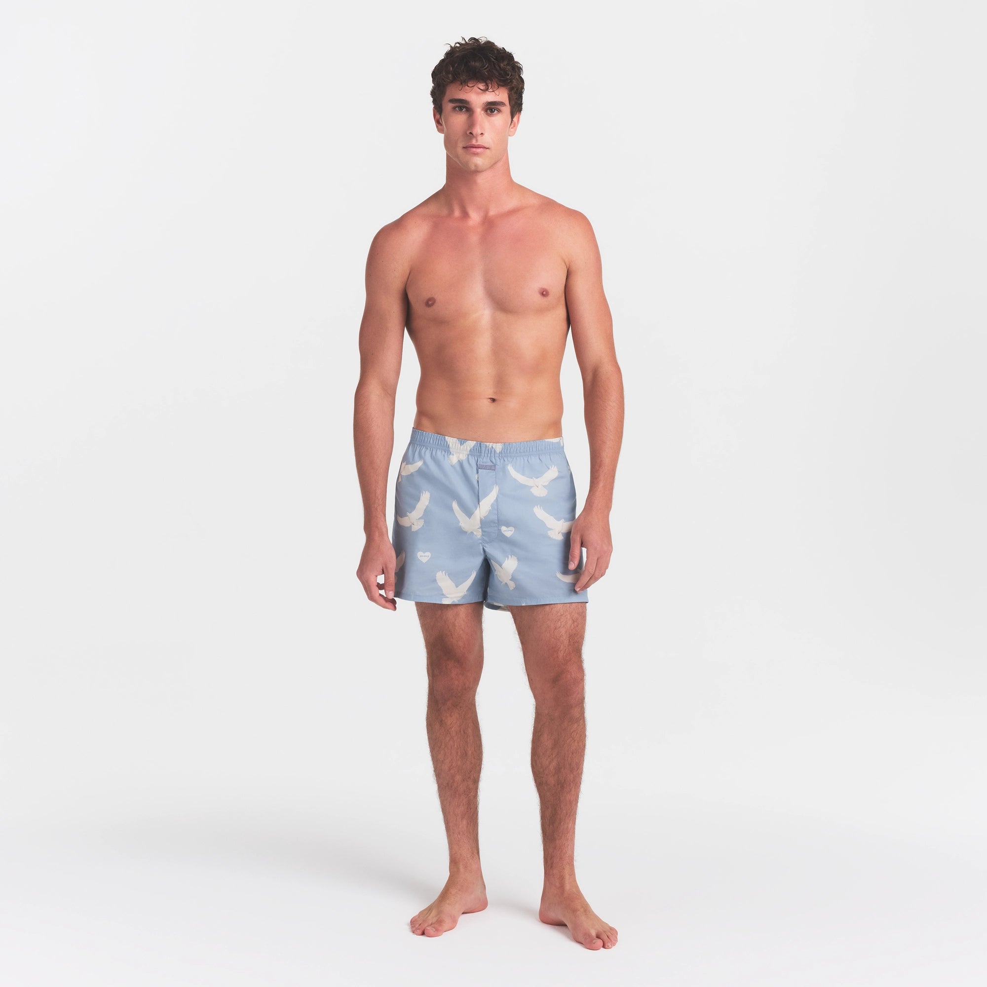 COTTON POPLIN MENS BOXER | AERO TEXTURED DOVE PRINT ON A MODEL FRONT VIEW @ | FOCUS: 0.0, 1.0, 0.9