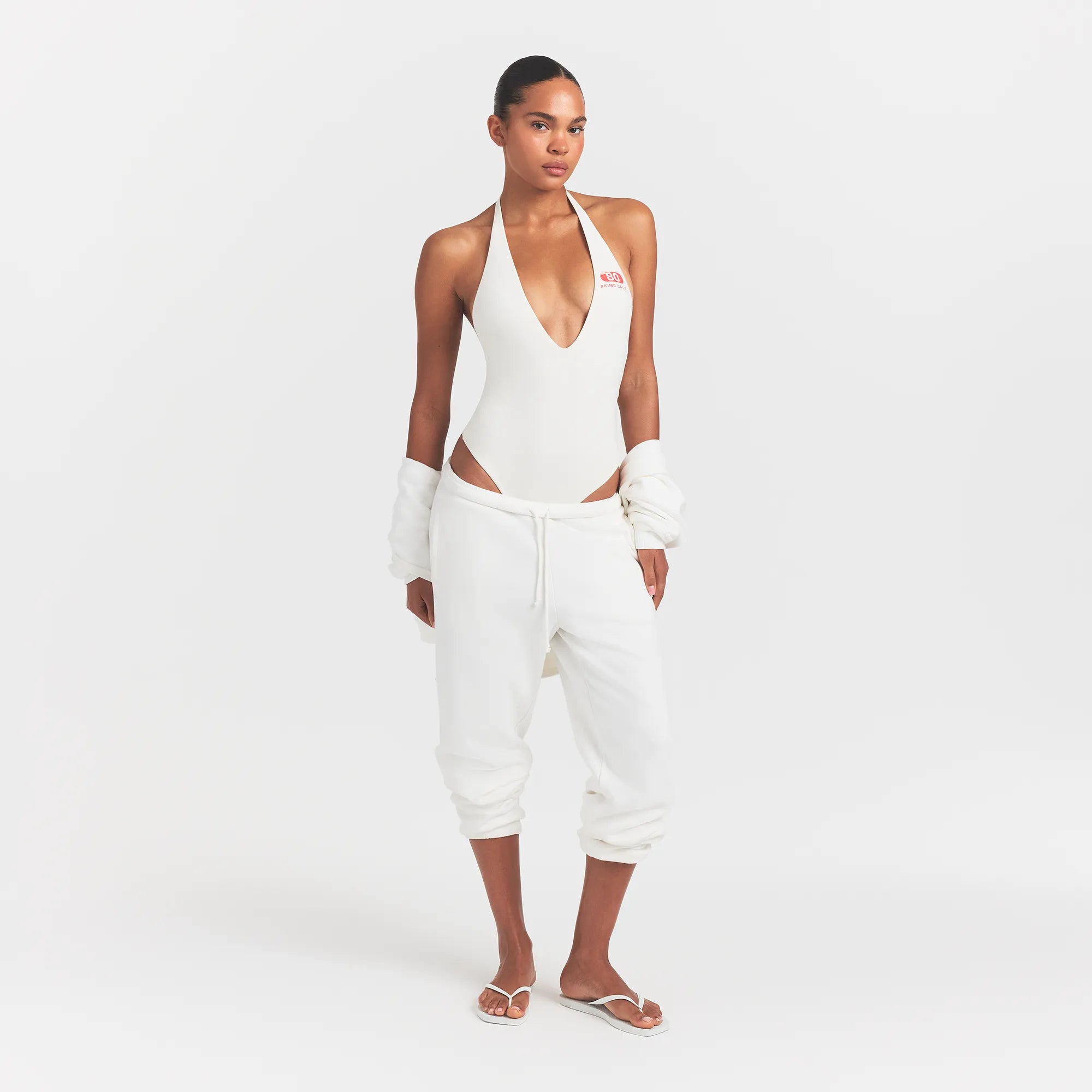 COTTON JERSEY DEEP PLUNGE HALTER BODYSUIT | MARBLE SKIMS EIGHTY ON A MODEL FRONTVIEW @ | FOCUS: 0.0, 1.0, 0.9