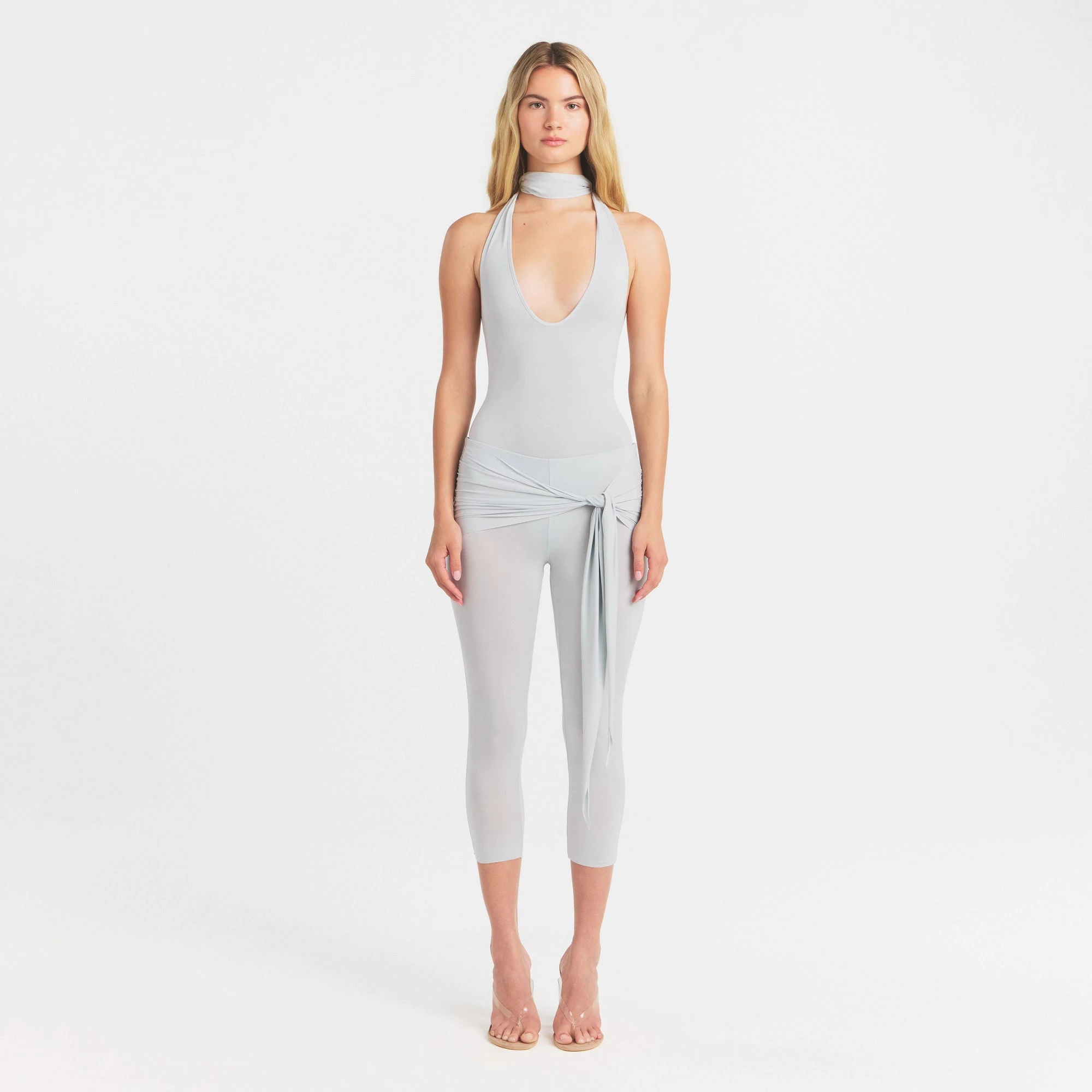 CUPRO JERSEY HALTER BODYSUIT | PEARL ON A MODEL FRONT VIEW @ | FOCUS: 0.0, 1.0, 0.9