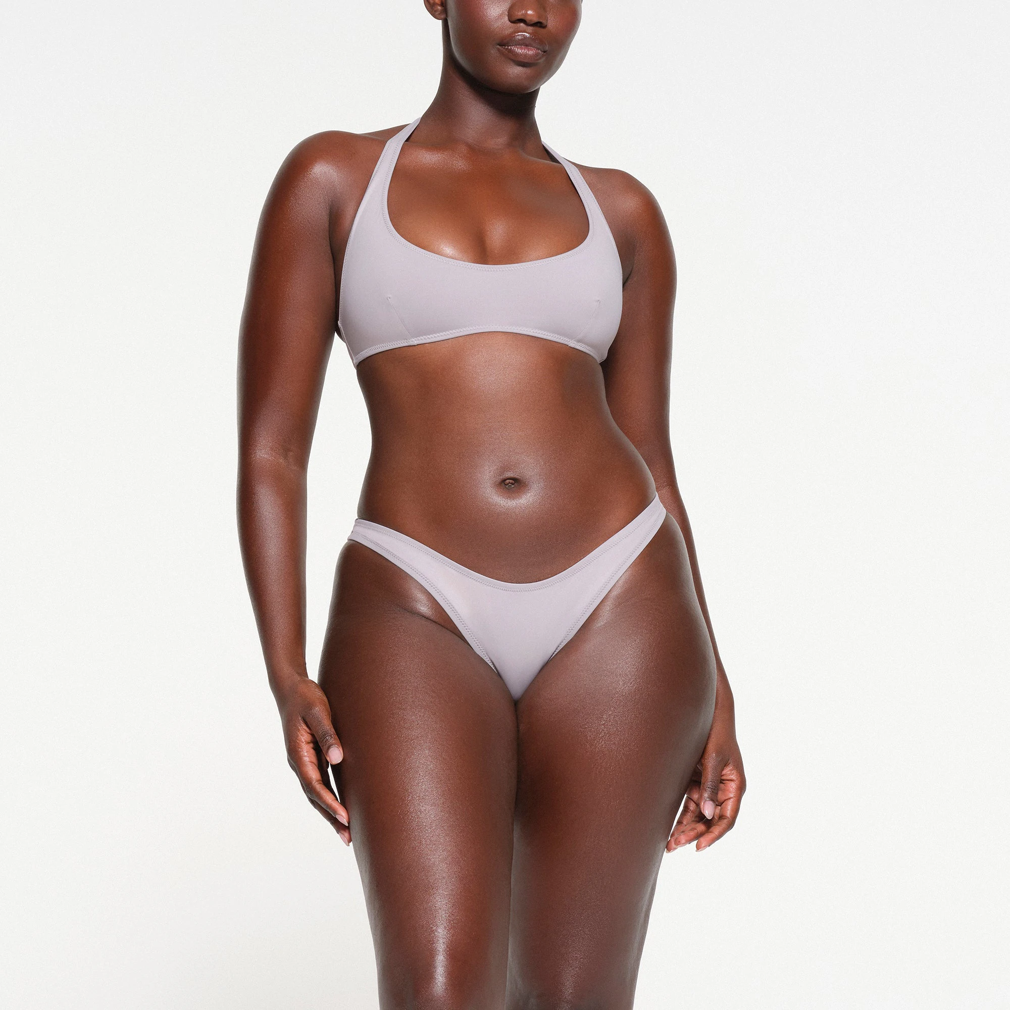 SIGNATURE SWIM HALTER SCOOP TOP | CHROME ON A MODEL FRONT VIEW