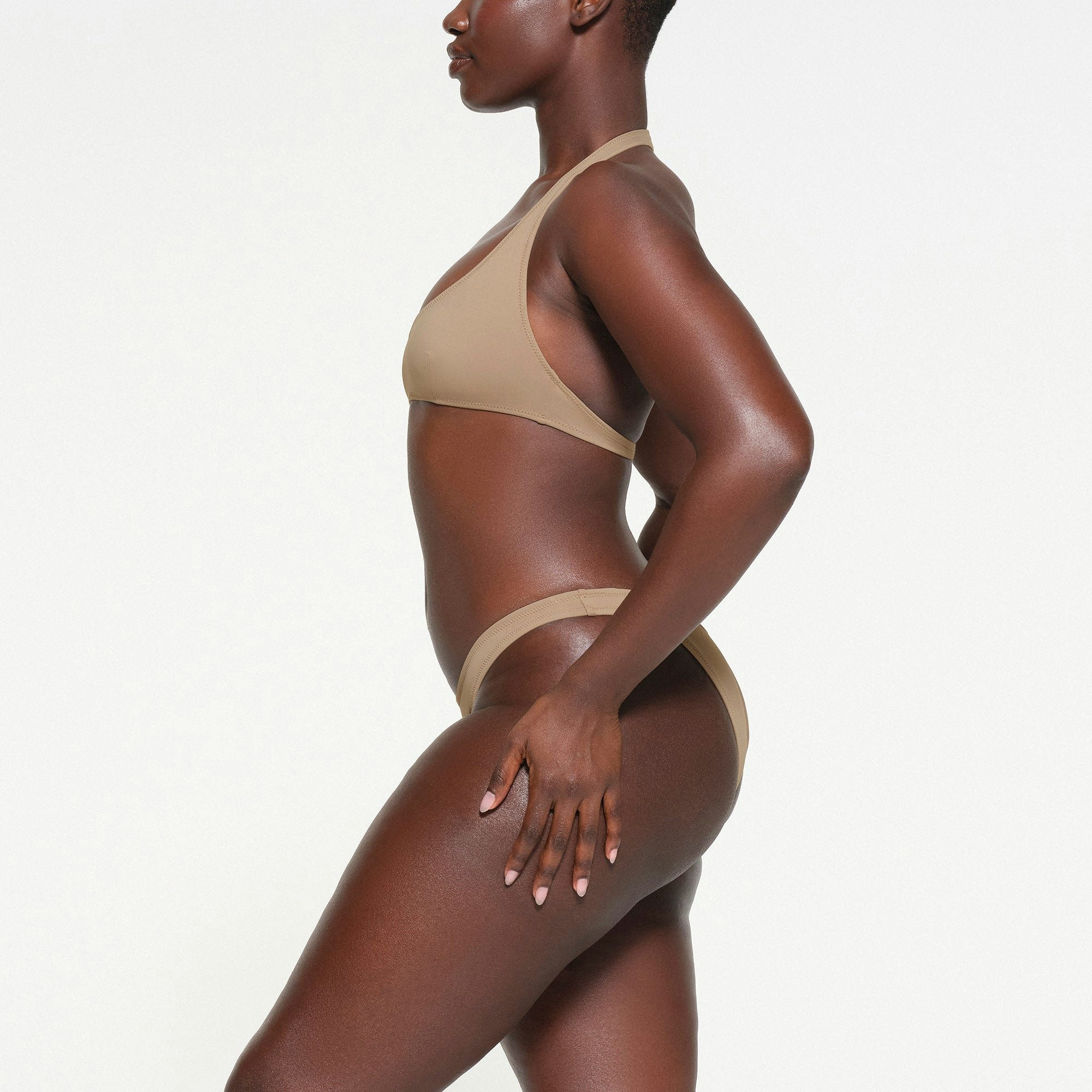 SIGNATURE SWIM HALTER SCOOP TOP | DESERT ON A MODEL SIDE VIEW