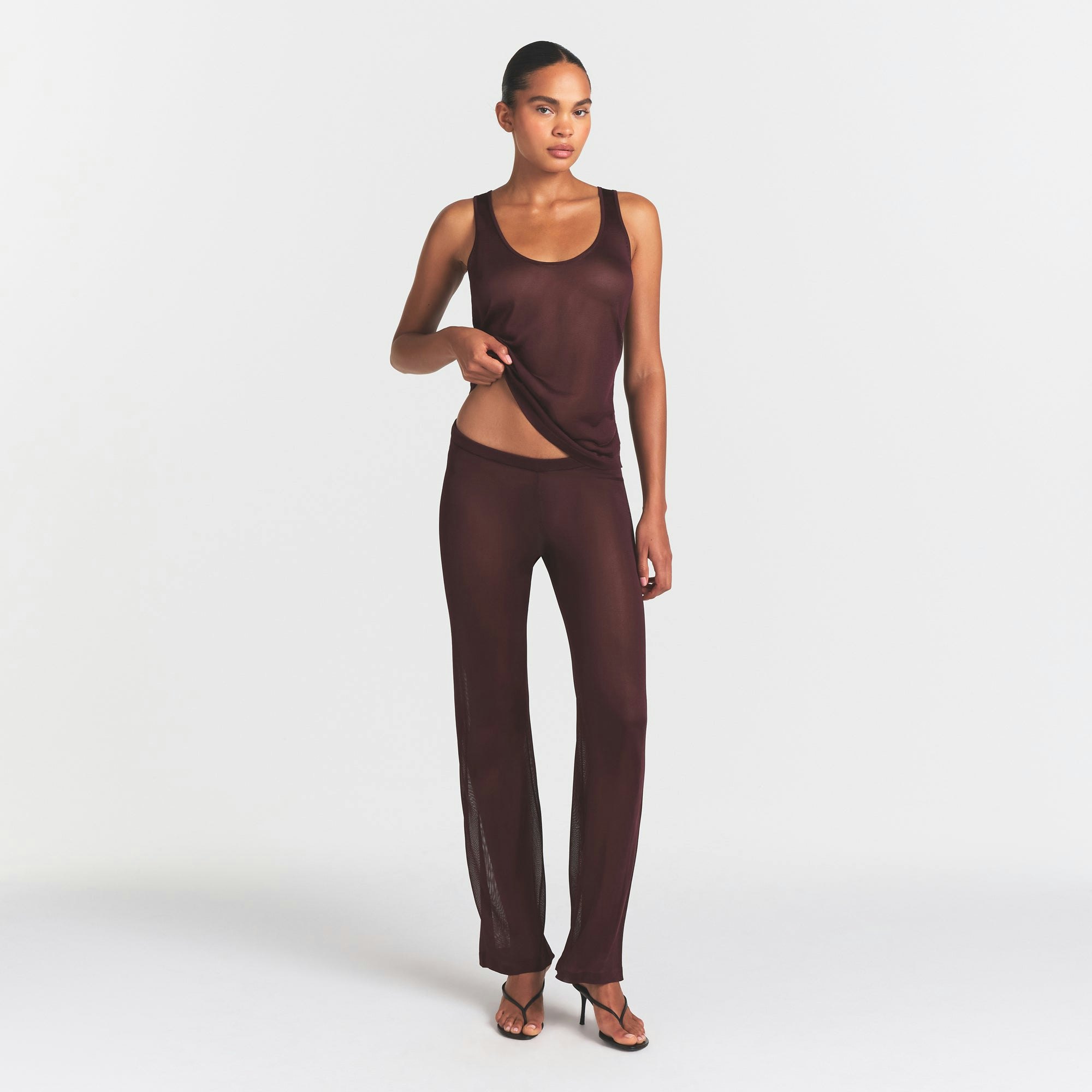 SLINKY KNIT LOW RISE PANT | CURRANT ON A MODEL FRONT VIEW @ | FOCUS: 0.0, 1.0, 0.9