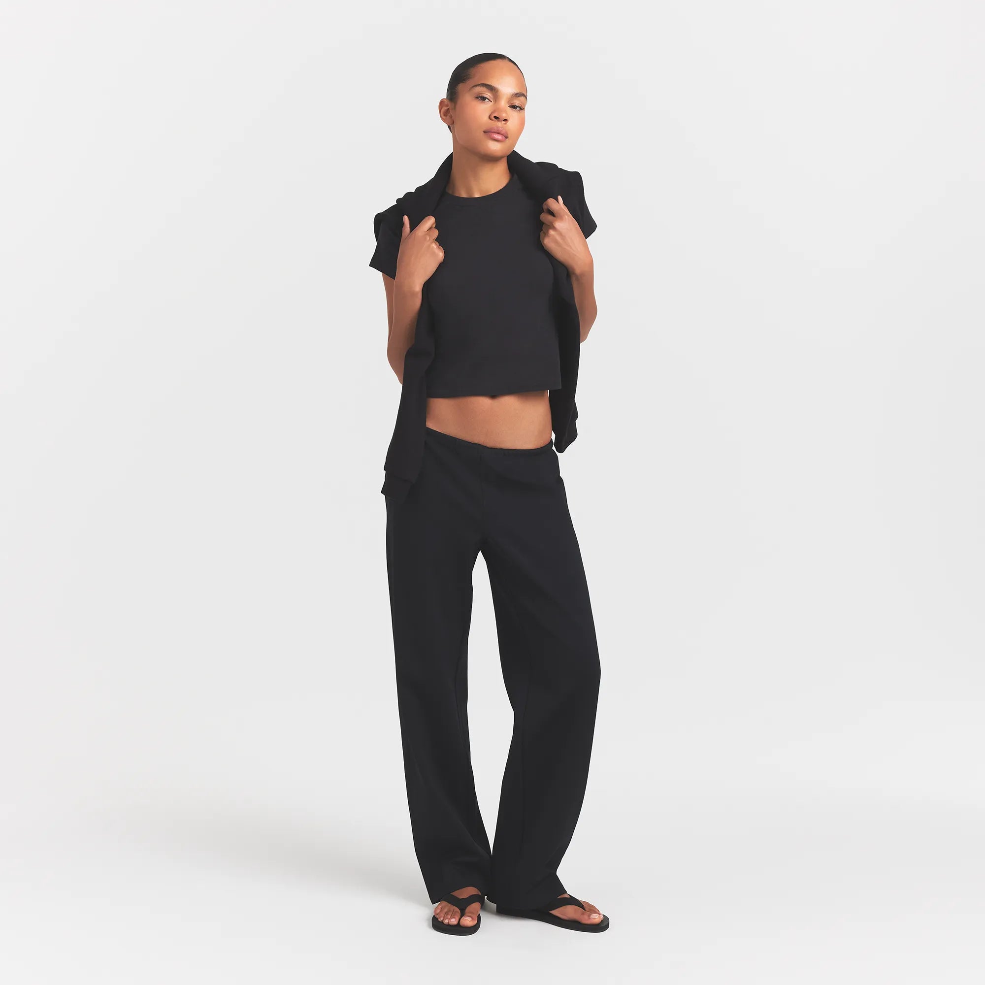 HEAVYWEIGHT CREPE STRAIGHT LEG PANT | OBSIDIAN ON A MODEL FRONT VIEW @ | FOCUS: 0.0, 1.0, 0.9