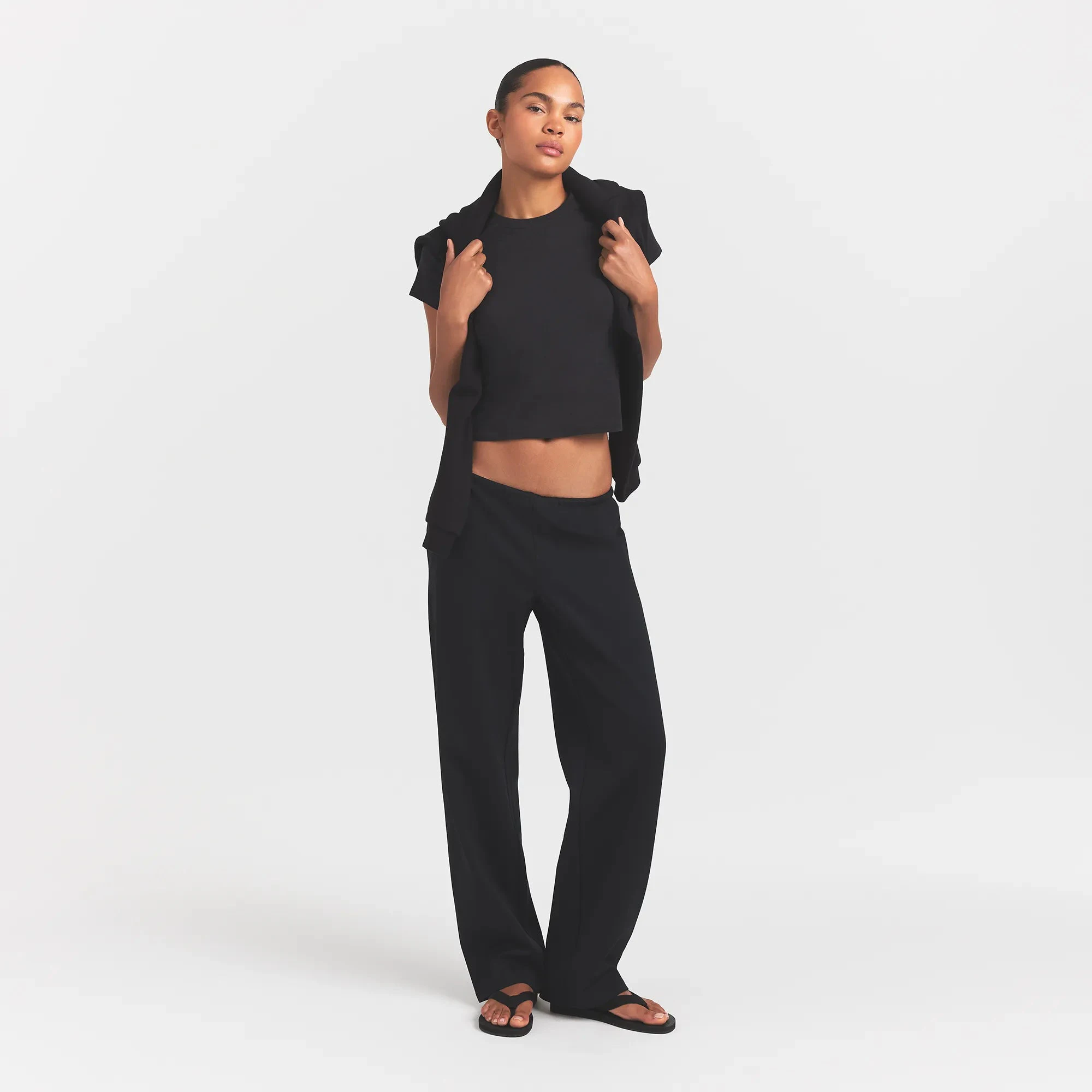 HEAVYWEIGHT CREPE STRAIGHT LEG PANT | OBSIDIAN ON A MODEL FRONT VIEW @ | FOCUS: 0.0, 1.0, 0.9