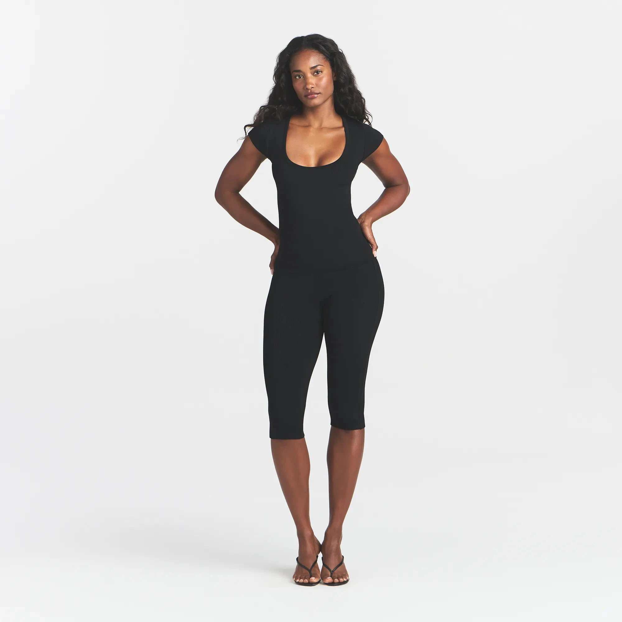 REFINED KNIT CAPRI | OBSIDIAN ON A MODEL FRONT VIEW @ | FOCUS: 0.0, 1.0, 0.9