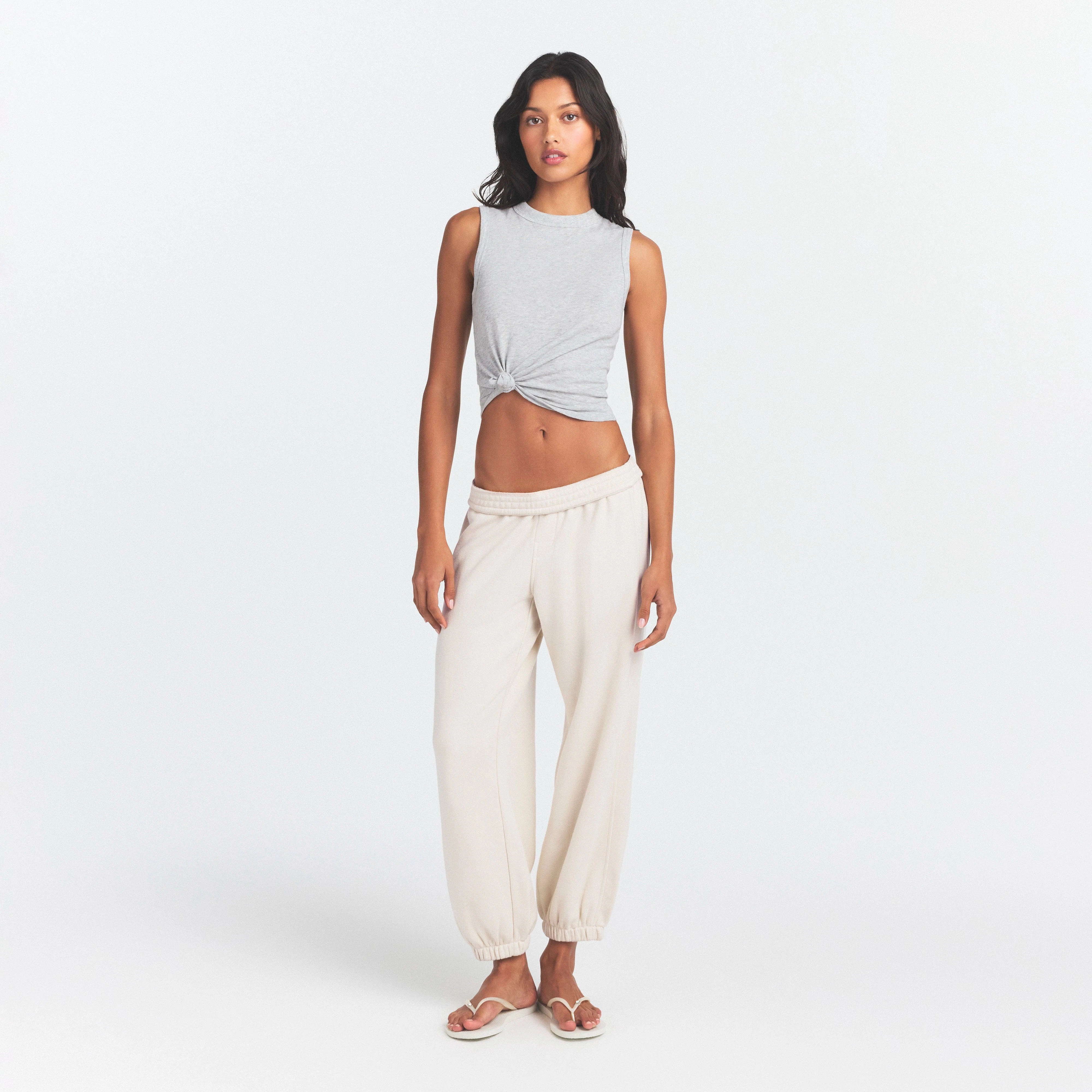 DRAPEY FRENCH TERRY CROPPED JOGGER | BUFF ON A MODEL FRONT VIEW
