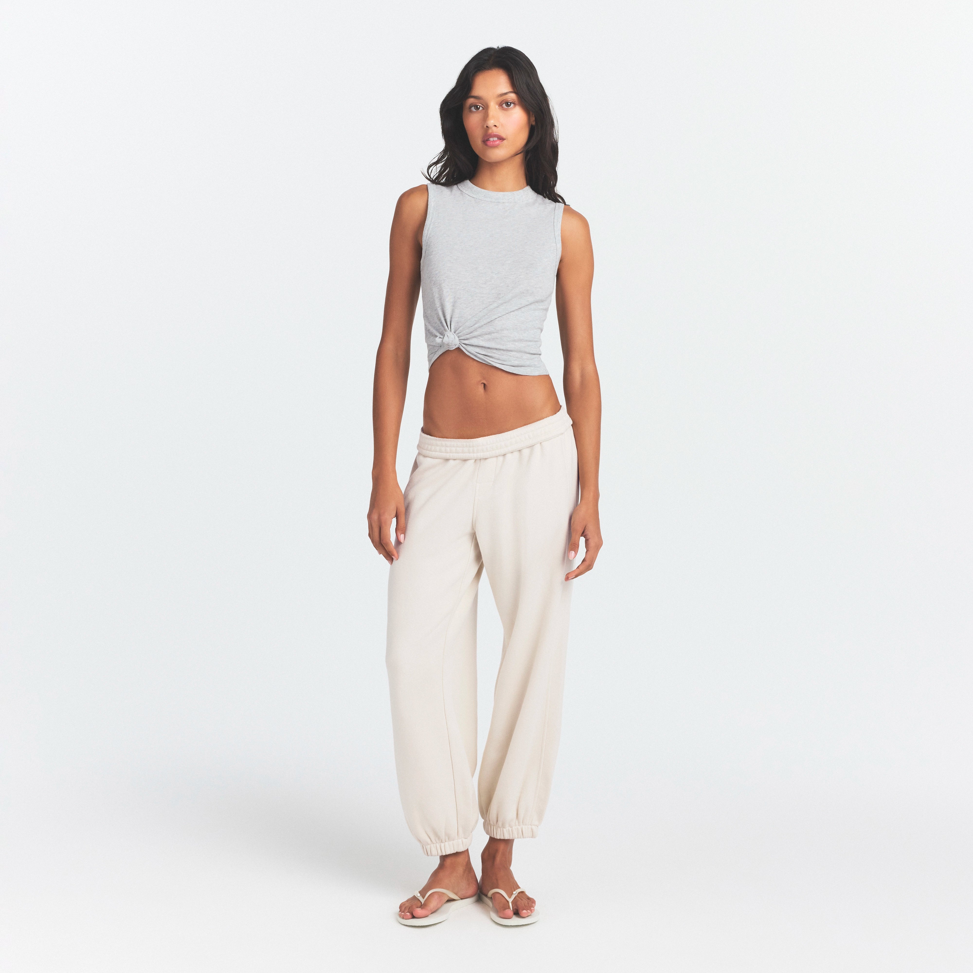 DRAPEY FRENCH TERRY CROPPED JOGGER | BUFF ON A MODEL FRONT VIEW @ | FOCUS: 0.0, 1.0, 0.9