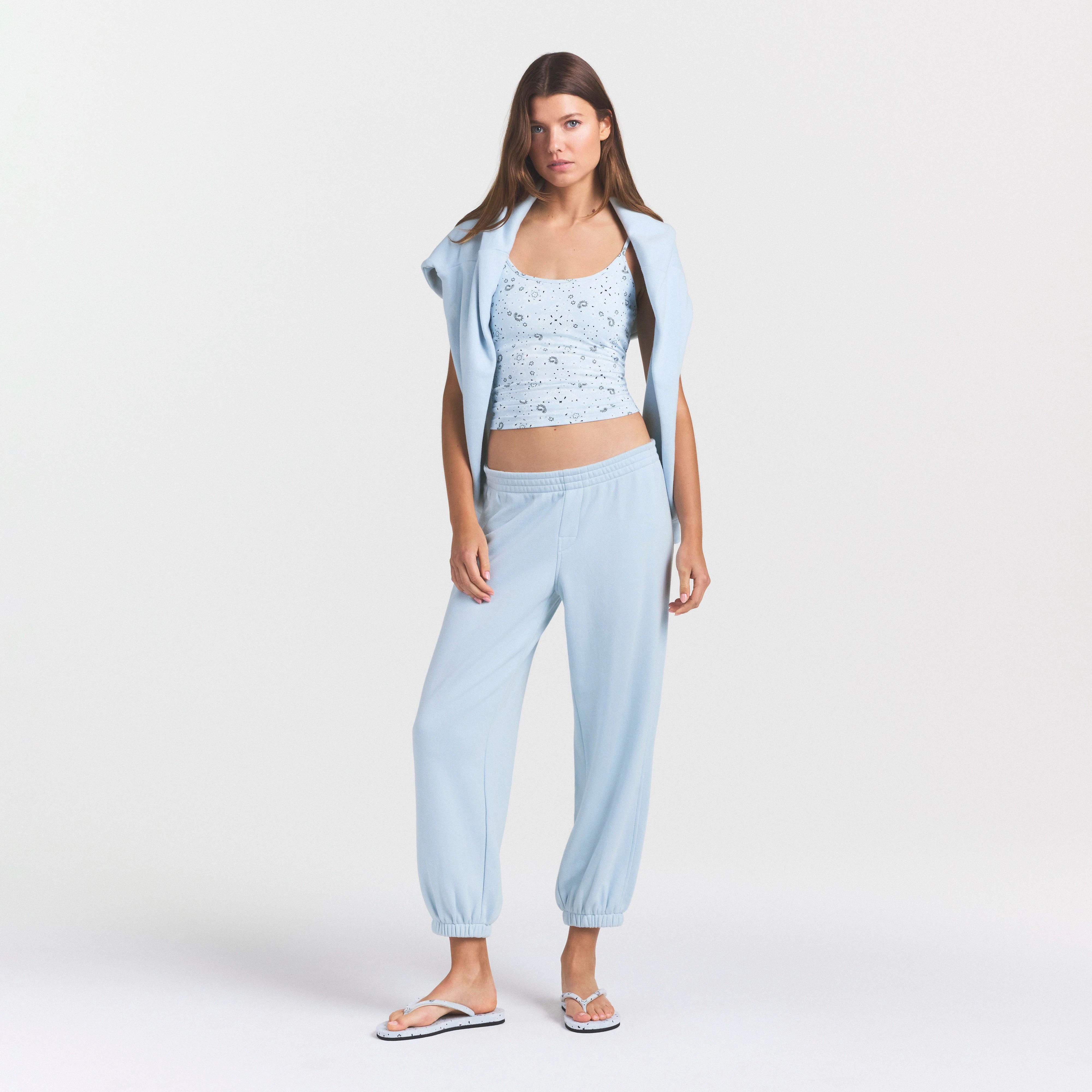 DRAPEY FRENCH TERRY CROPPED JOGGER | POWDER BLUE ON A MODEL FRONT VIEW @ | FOCUS: 0.0, 1.0, 0.9