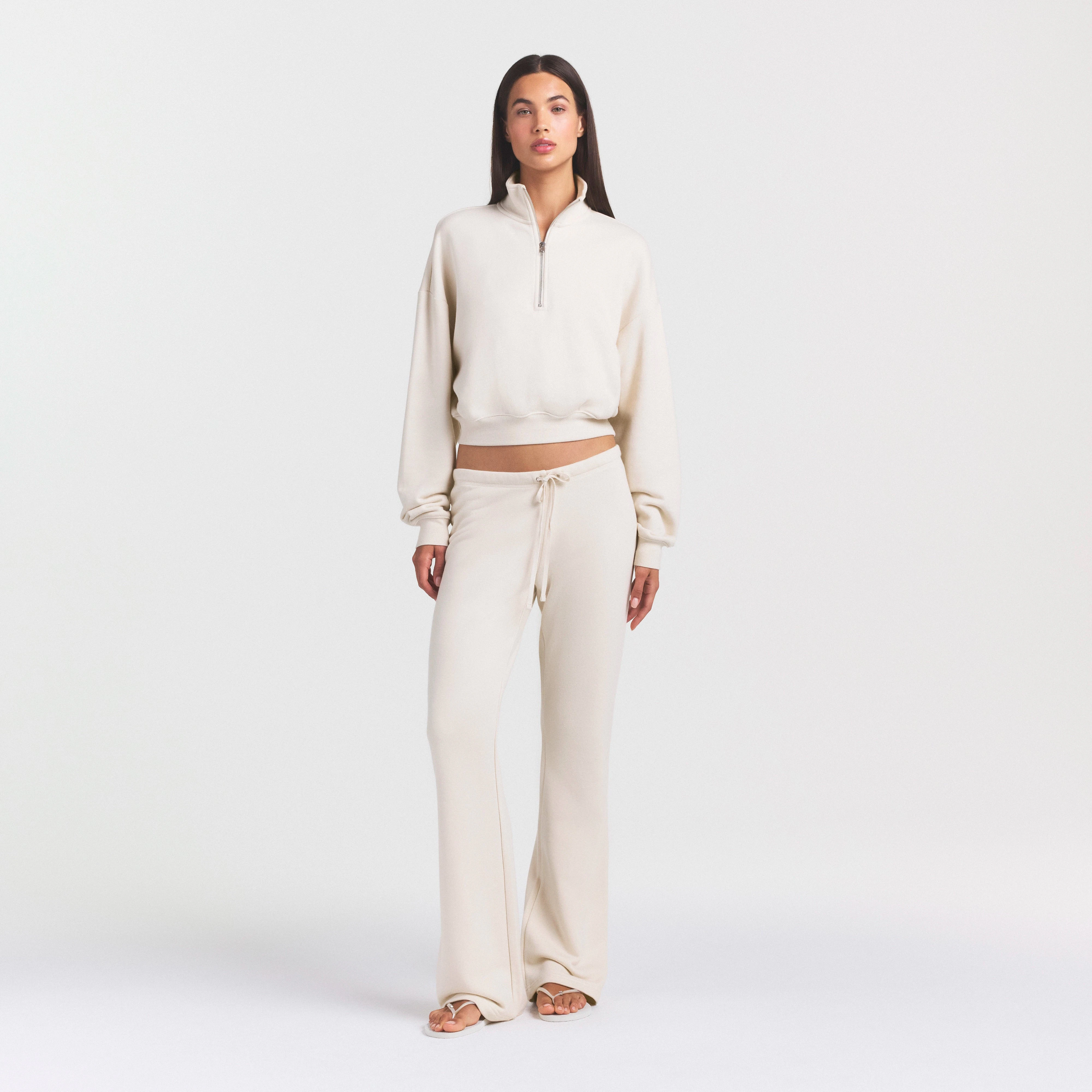 DRAPEY FRENCH TERRY STRAIGHT LEG PANT | BUFF ON A MODEL FRONT VIEW @ | FOCUS: 0.0, 1.0, 0.9