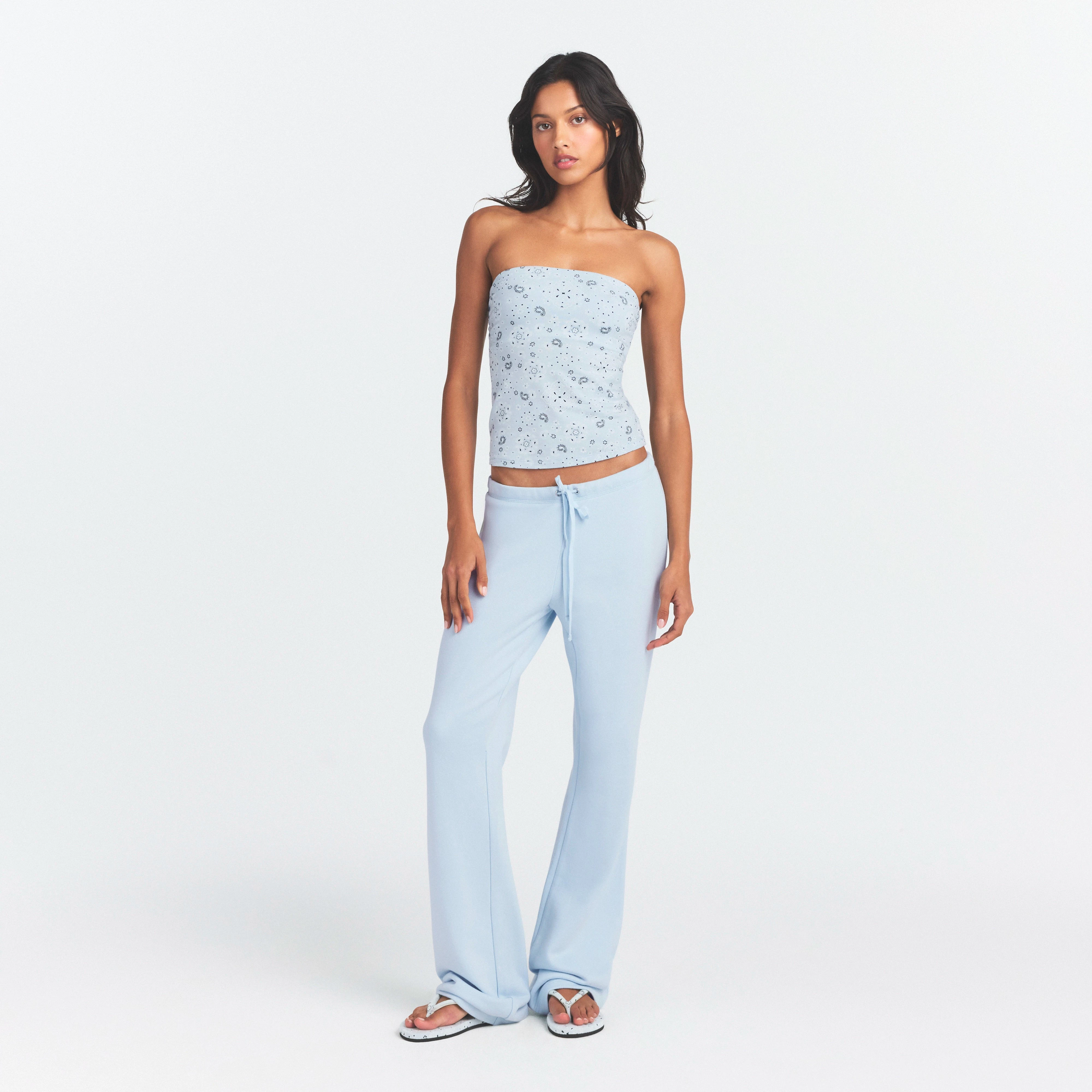 DRAPEY FRENCH TERRY STRAIGHT LEG PANT | POWDER BLUE ON A MODEL FRONT VIEW @ | FOCUS: 0.0, 1.0, 0.9