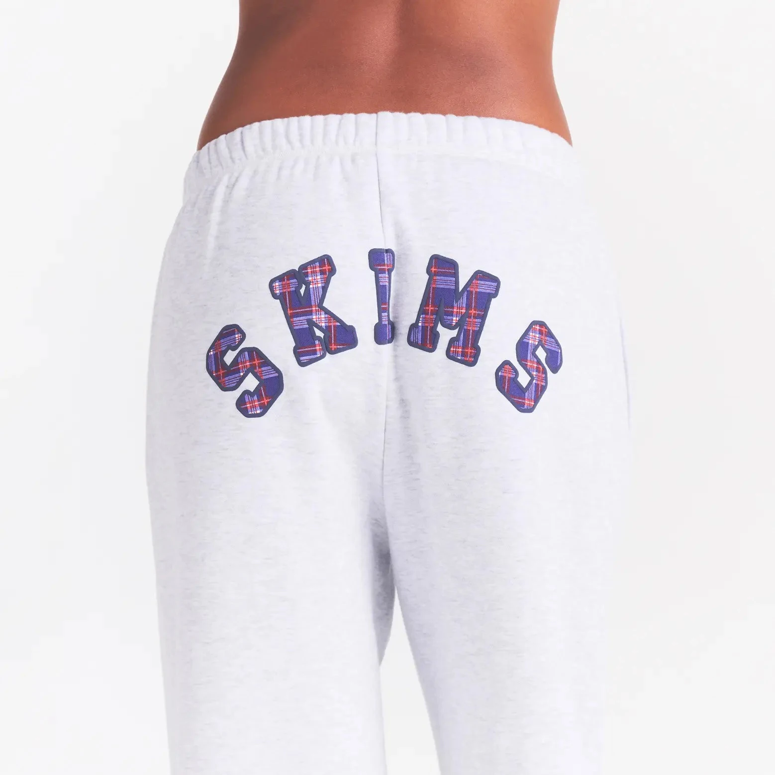COTTON FLEECE CLASSIC STRAIGHT LEG PANT | LHG ARCHED SKIMS PLAID ON A MODEL SIDE VIEW @ | FOCUS: 0.0, 1.0, 0.9