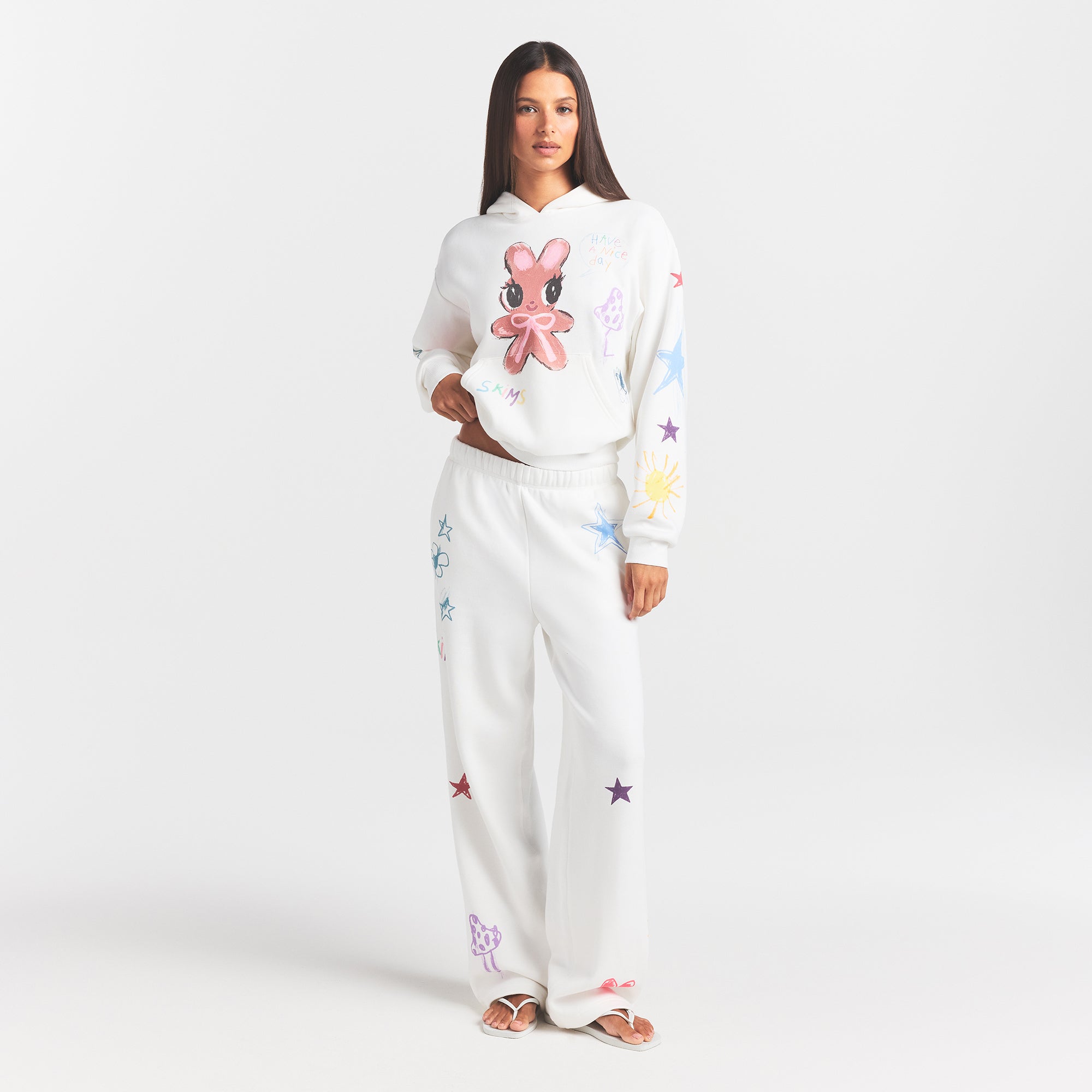 COTTON FLEECE CLASSIC STRAIGHT LEG PANT | MARBLE MULTI DOODLE PRINT ON A MODEL FRONT VIEW