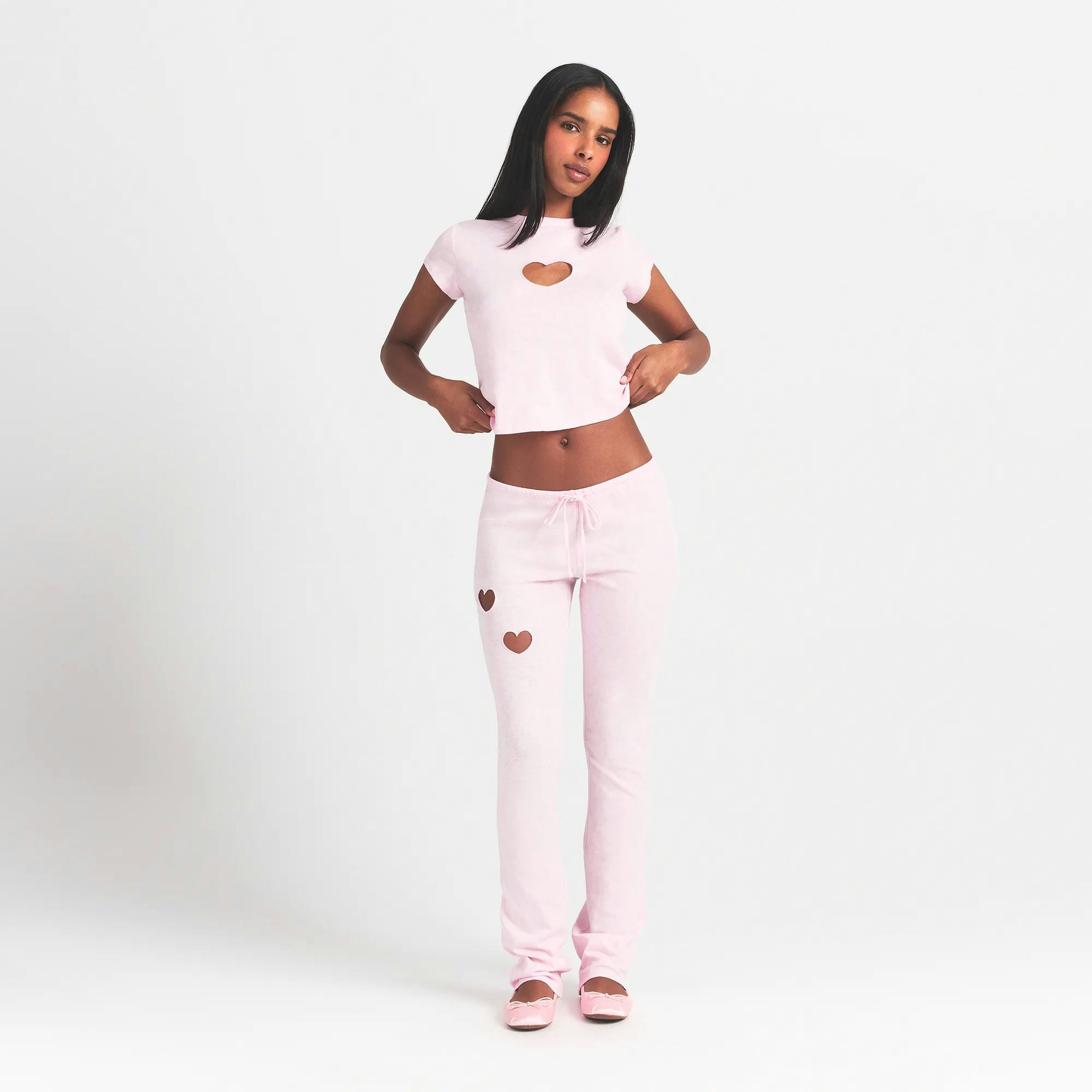 WORN IN JERSEY HEART STRAIGHT LEG PANT | BABY PINK ON A MODEL FRONT VIEW @ | FOCUS: 0.0, 1.0, 0.9