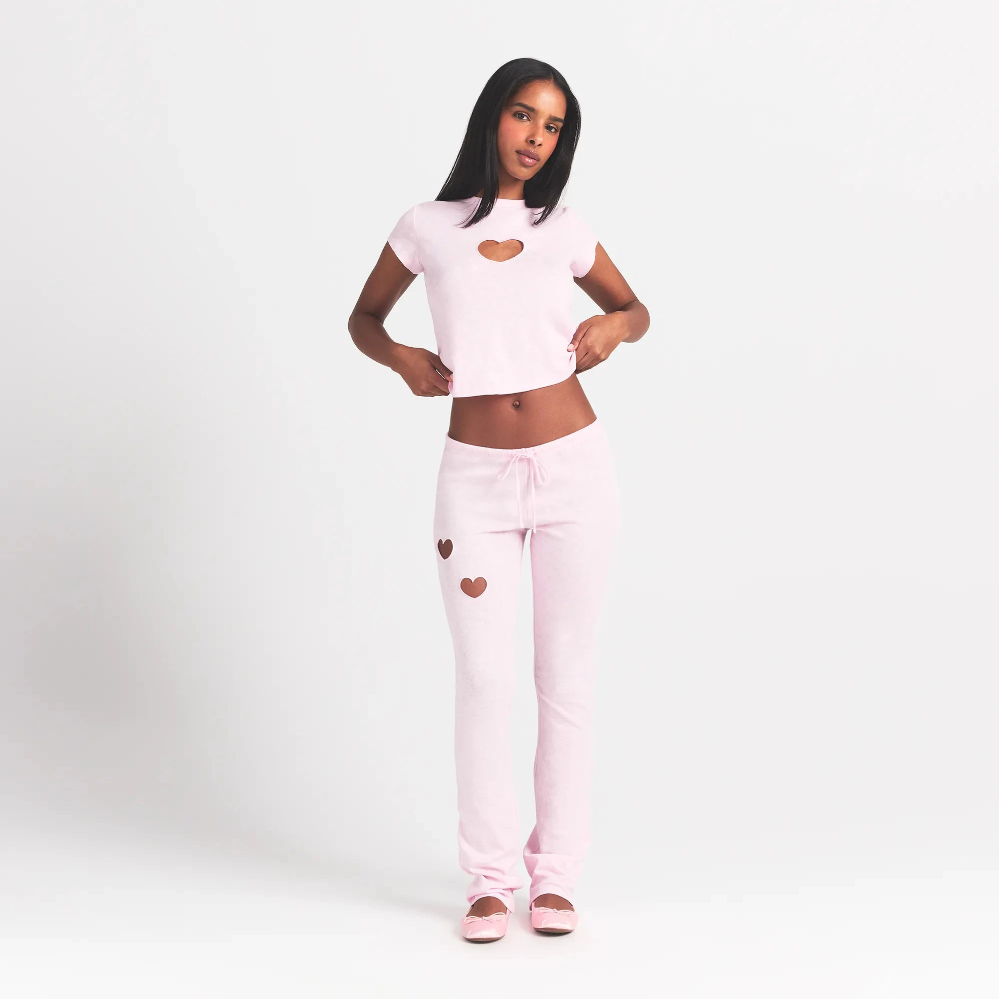 WORN IN JERSEY HEART STRAIGHT LEG PANT | BABY PINK ON A MODEL FRONT VIEW @ | FOCUS: 0.0, 1.0, 0.9