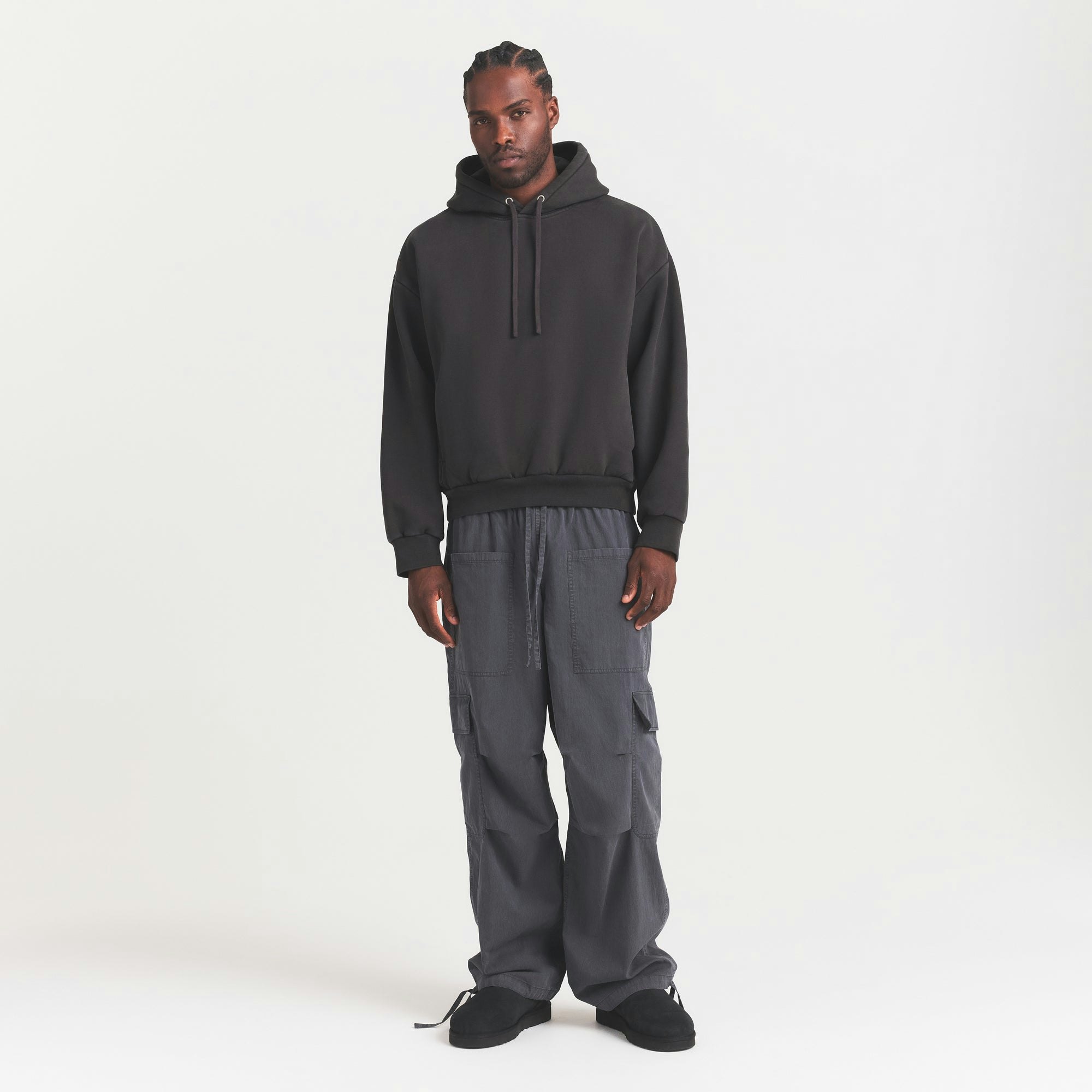 WOVEN MENS CARGO PANT | ASH ON A MODEL FRONT VIEW @ | FOCUS: 0.0, 1.0, 0.9