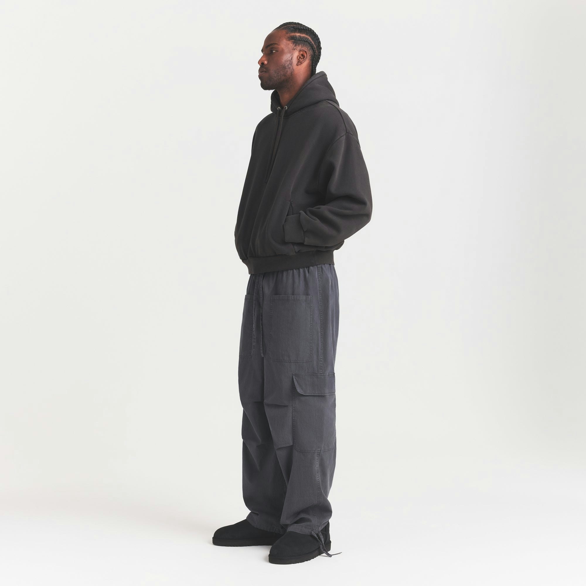 WOVEN MENS CARGO PANT | ASH ON A MODEL FRONT VIEW @ | FOCUS: 0.0, 1.0, 0.9