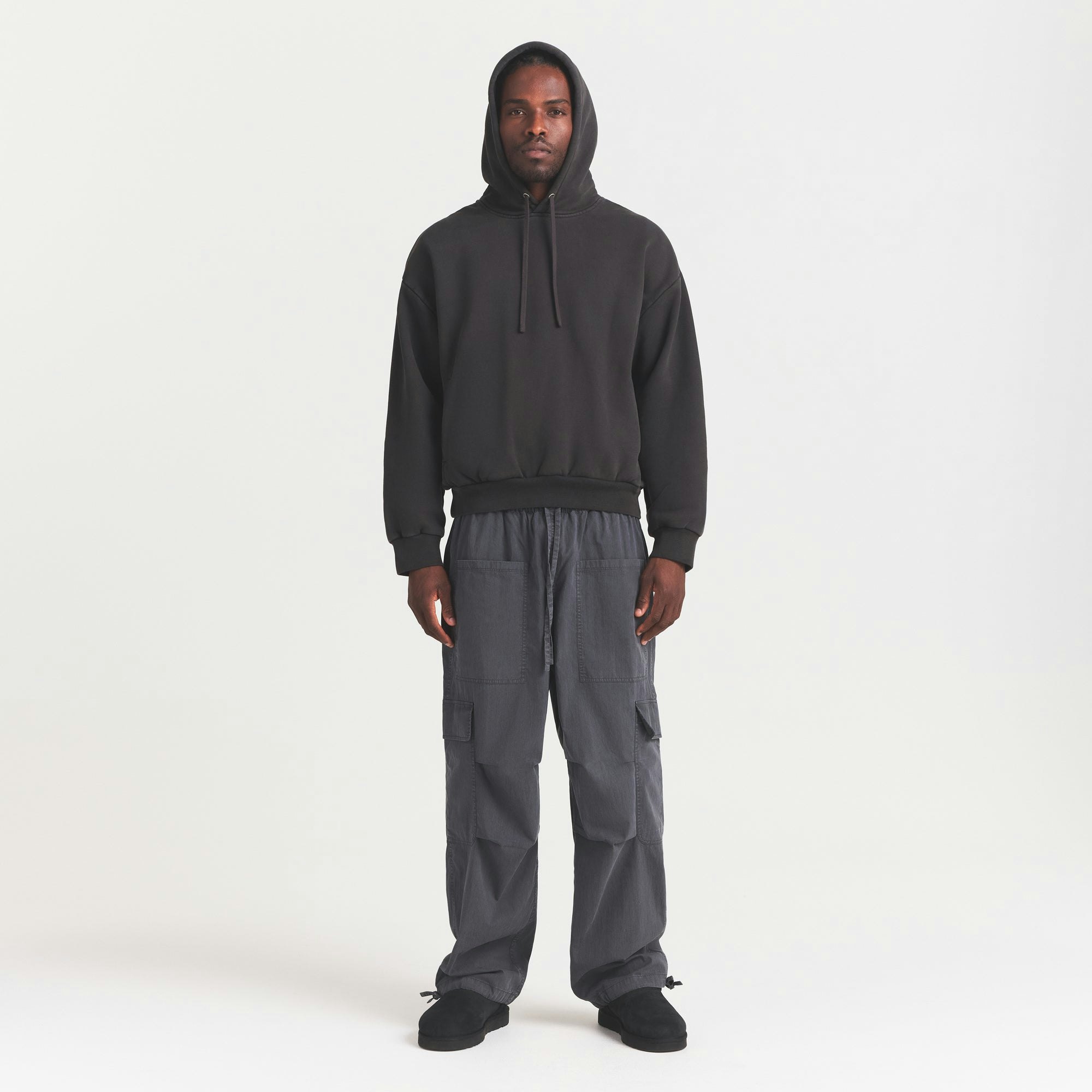 WOVEN MENS CARGO PANT | ASH ON A MODEL FRONT VIEW @ | FOCUS: 0.0, 1.0, 0.9