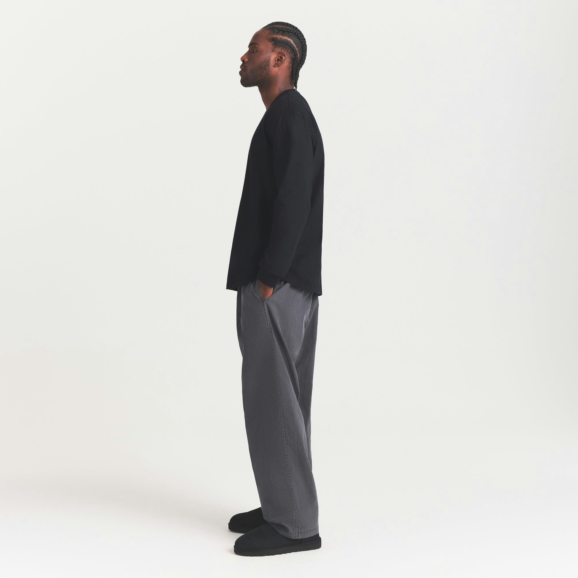 WOVEN MENS KARATE PANT | ASH ON A MODEL FRONT VIEW @ | FOCUS: 0.0, 1.0, 0.9