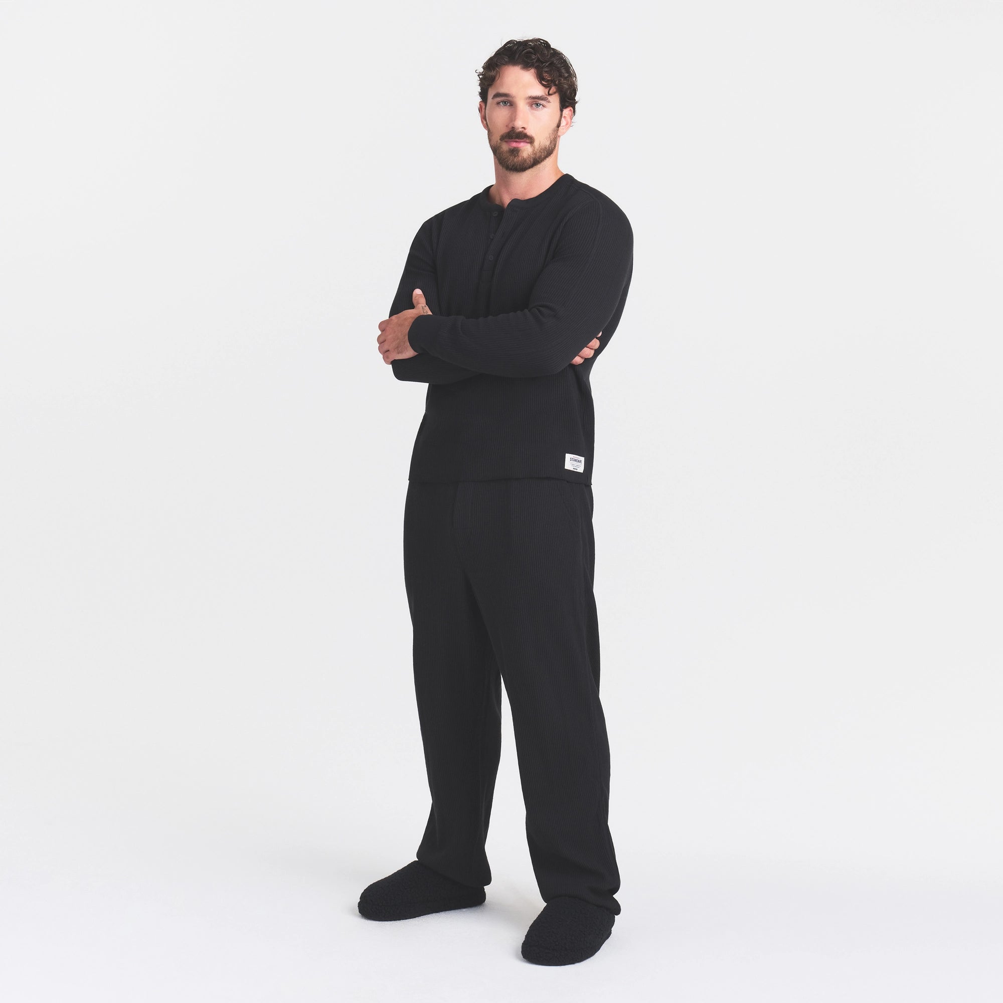 WAFFLE MENS STRAIGHT LEG PANT | ONYX ON A MODEL FRONT VIEW @ | FOCUS: 0.0, 1.0, 0.9