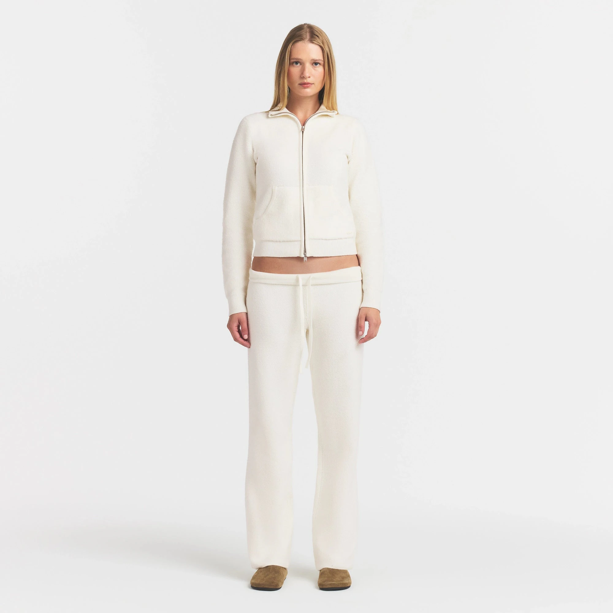 TEXTURED KNIT SHERPA PANT | IVORY & LAYS FLAT ON A WHITE BACKGROUND | FLT @ | FOCUS: 0.0, 1.0, 0.9