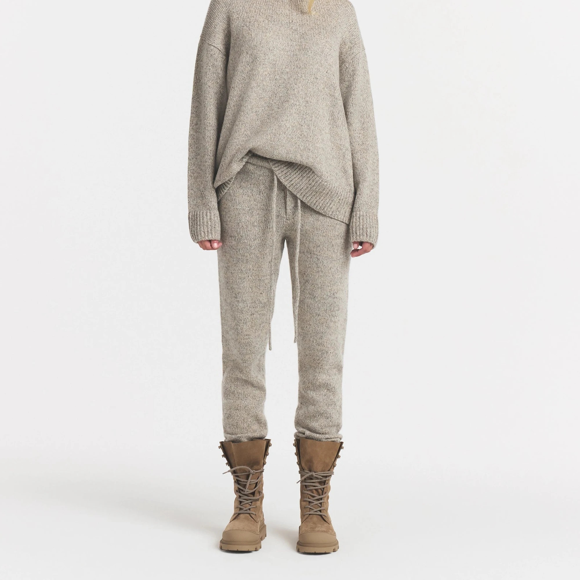 TWEED KNIT PANT | LATTE ON A MODEL FRONT VIEW