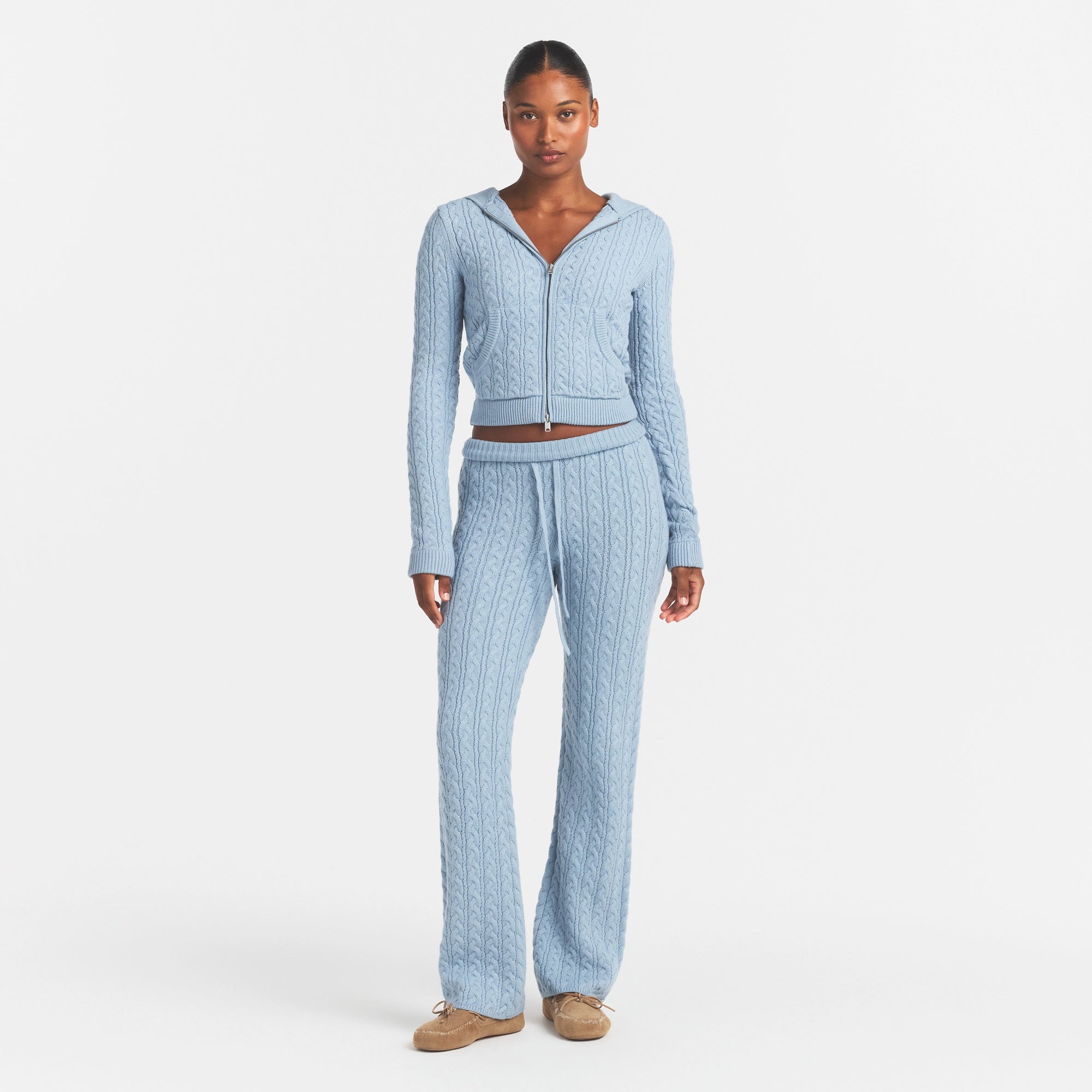 SWEATER KNIT STRAIGHT LEG PANT | FOG ON A MODEL FRONT VIEW @ | FOCUS: 0.0, 1.0, 0.9