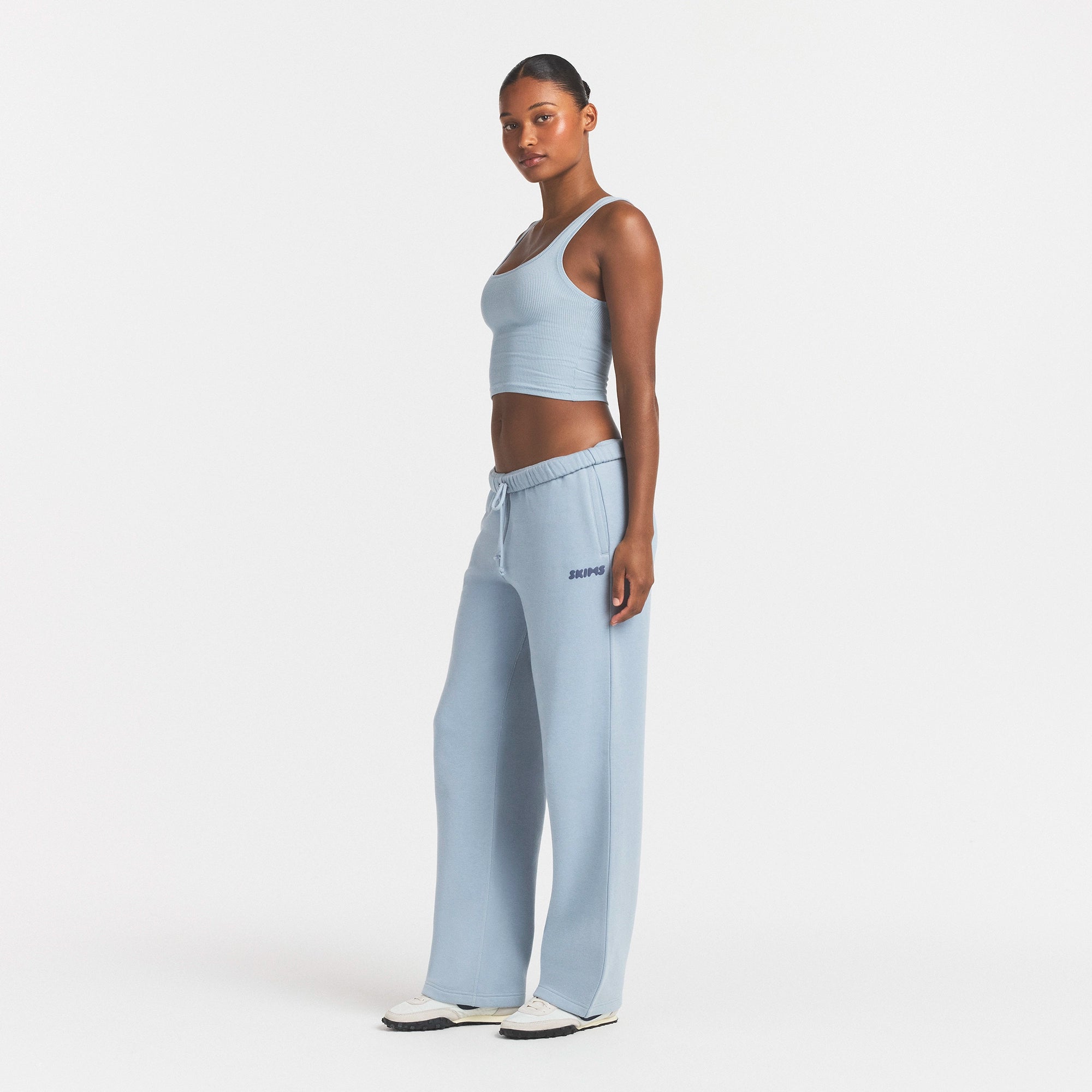 COTTON FLEECE STRAIGHT LEG PANT WITH EMBOSSED LOGO | FOG ON A MODEL FRONT VIEW @ | FOCUS: 0.0, 1.0, 0.9