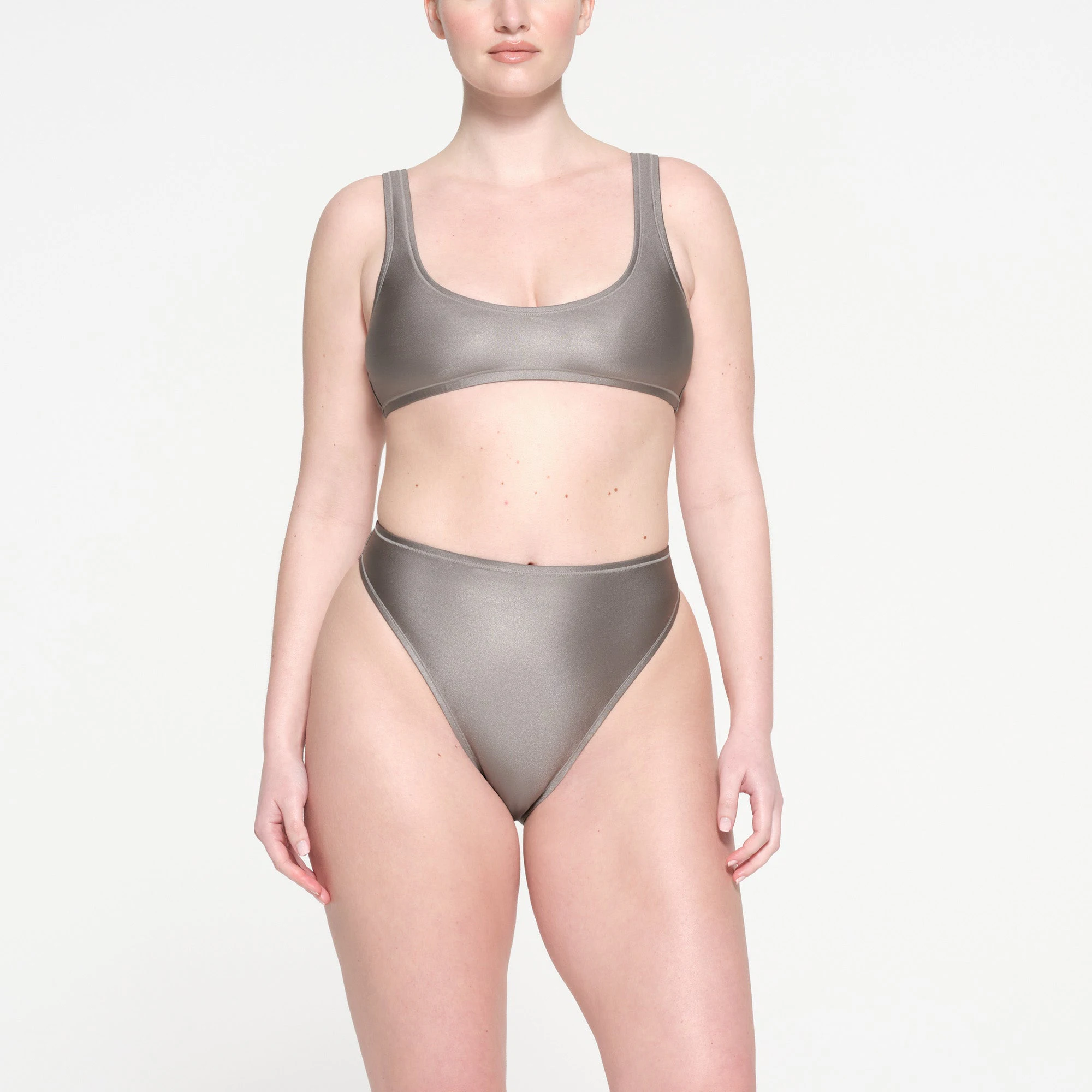 SHINE SWIM SCOOP NECK BIKINI TOP | SMOKE ON A MODEL FRONT VIEW