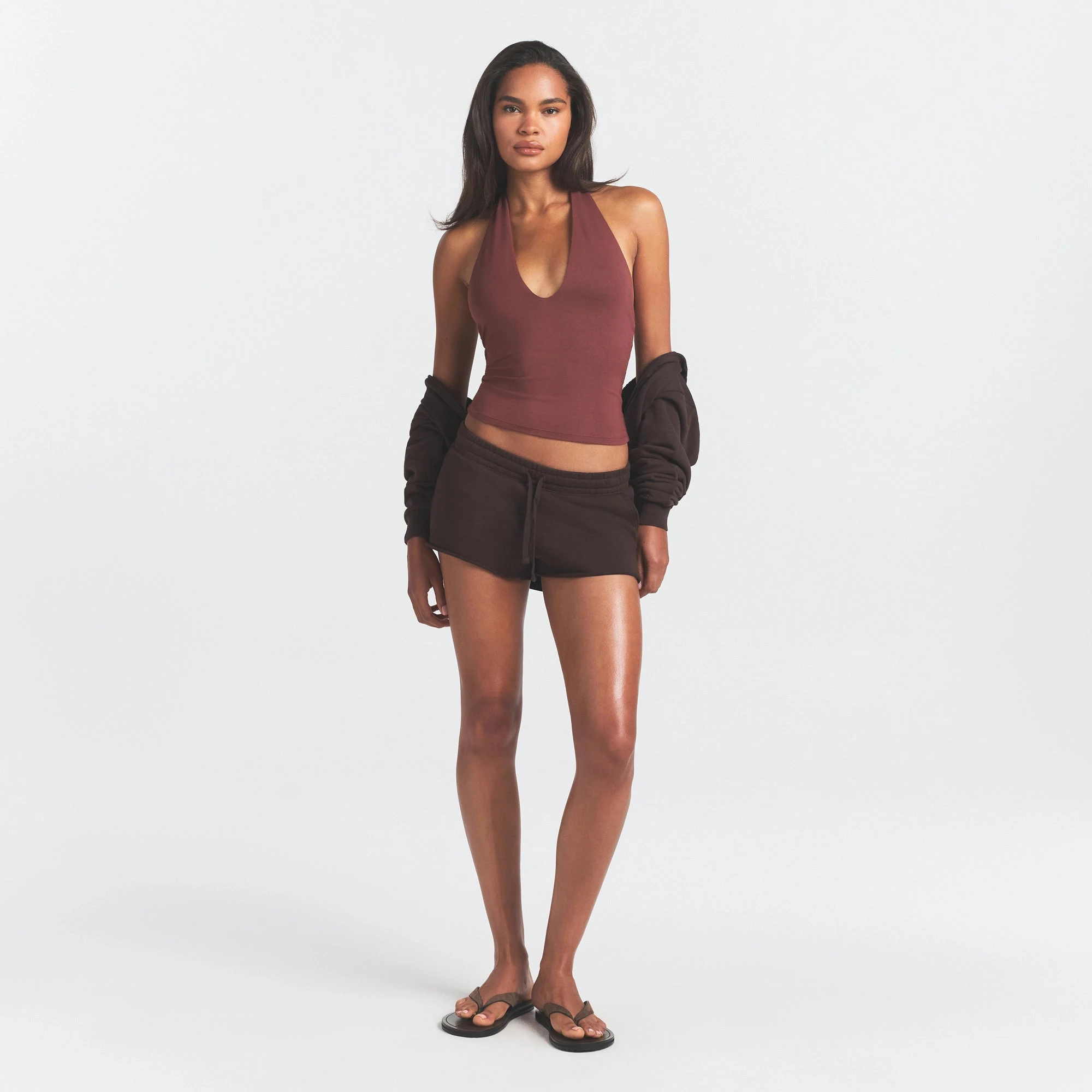 FRENCH TERRY RAW EDGE SHORT | ESPRESSO ON A MODEL FRONT VIEW @ | FOCUS: 0.0, 1.0, 0.9