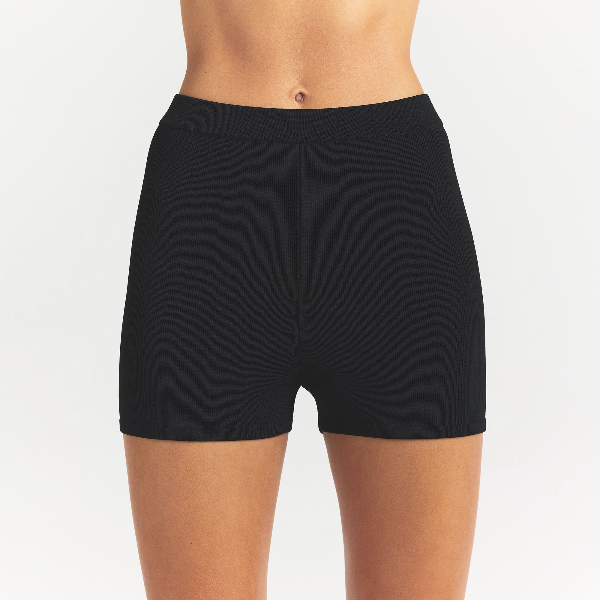 REFINED KNIT HIGH-WAISTED SHORT | OBSIDIAN ON A MODEL FRONT VIEW @ | FOCUS: 0.0, 1.0, 0.9