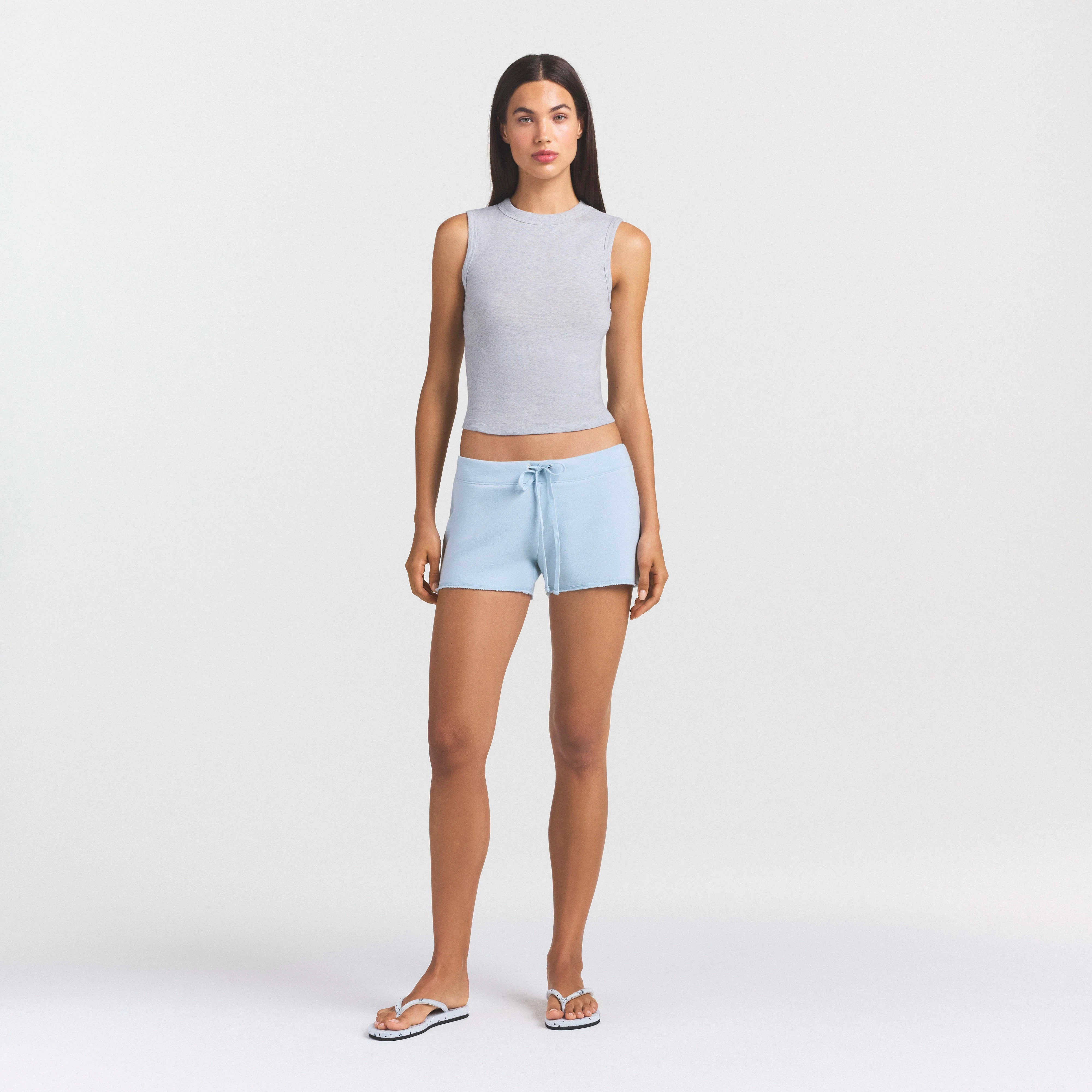 DRAPEY FRENCH TERRY SHORT | POWDER BLUE ON A MODEL FRONT VIEW @ | FOCUS: 0.0, 1.0, 0.9